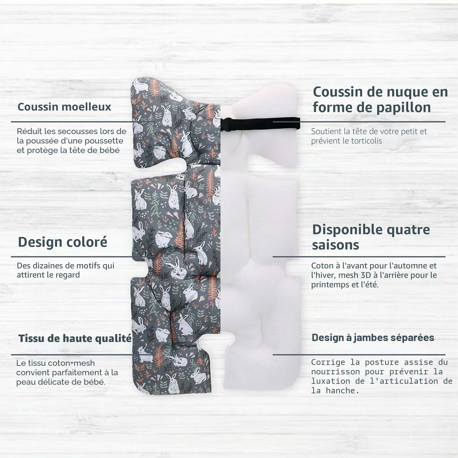 Coussin de Siège Réversible pour Poussette Matelas Universel Soutien Bébé Coussin Réducteur de Landau en Coton pour Enfant Fille Garçon (Lapin Gris)