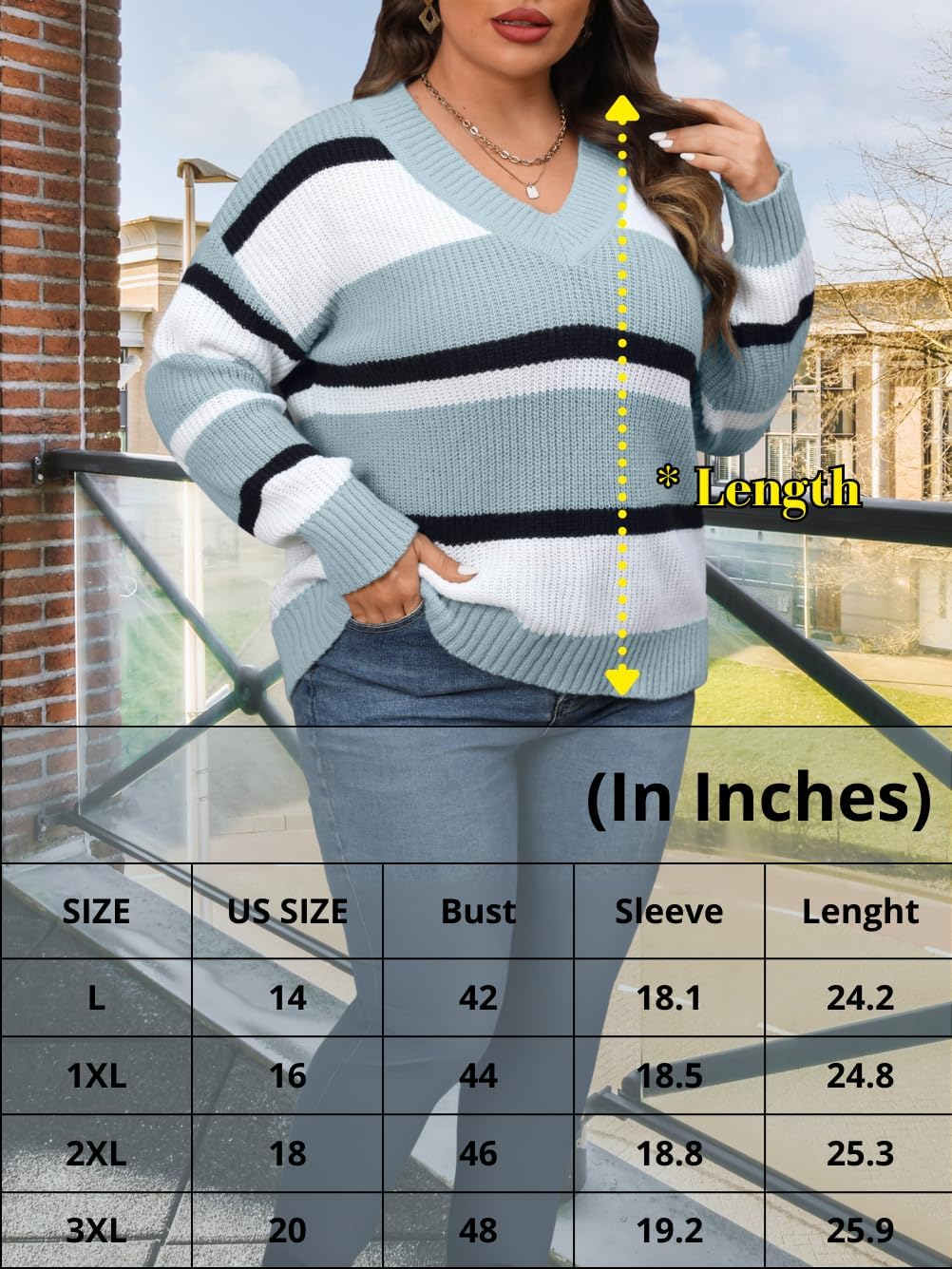 Womens Plus Size Striped Sweater, V Neck Color Block Ribbed Knit Long Sleeve Pullover Top, Fall Winter Casual Outfits - Image 5