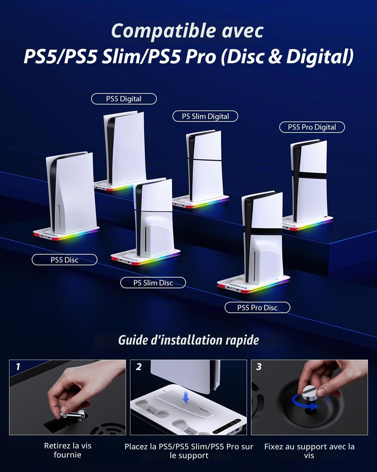 Support PS5 pour PS5/PS5 Slim/PS5 Pro, P5 Ventilateur Station de Refroidissement avec Ventilateur à 3 Niveaux et 8 Lumières RGB, Chargeur Double Manette, 6 Emplacements de Jeu, 4 Ports