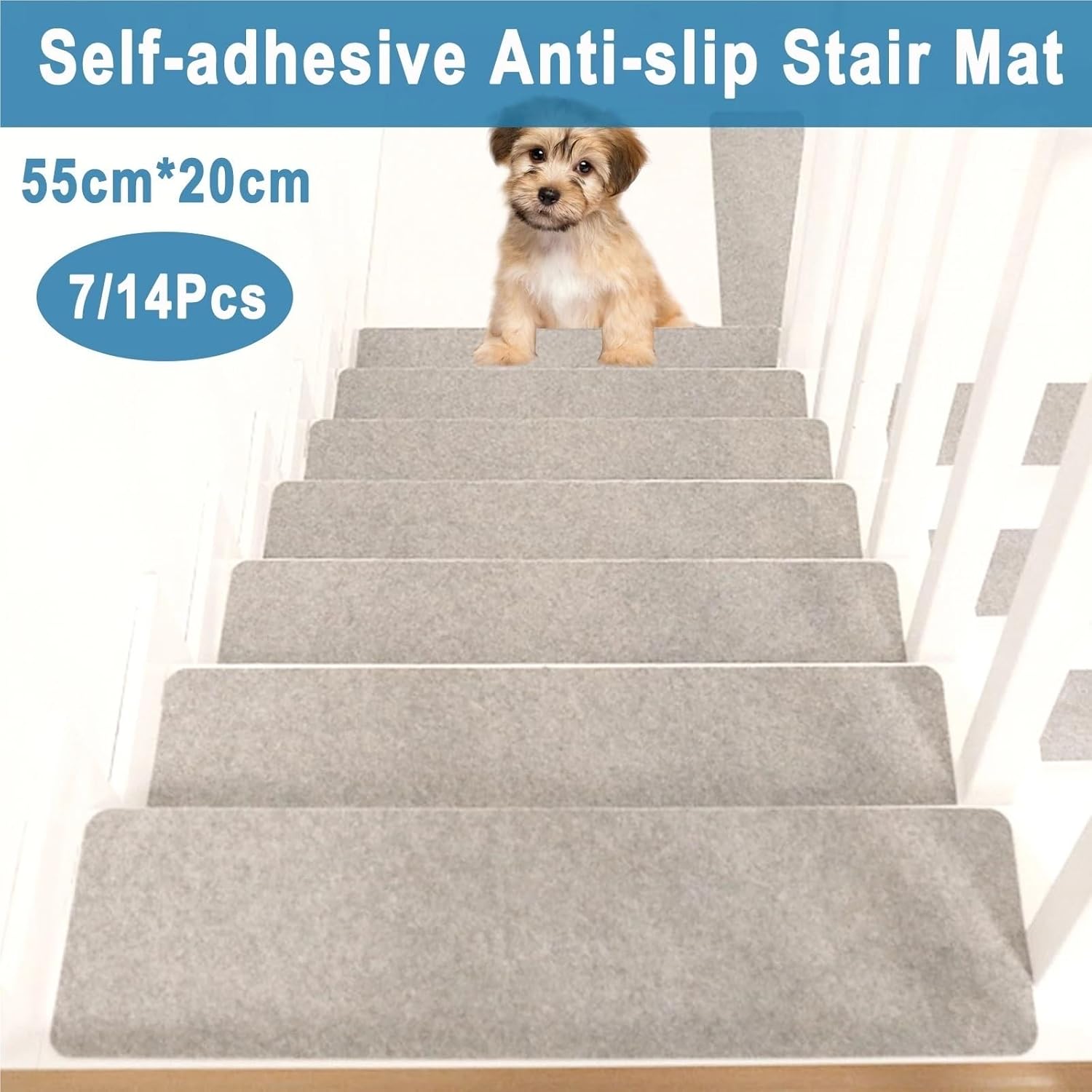 7/14Pcs 55x20cm Stair Mat Anti-Slip Staircase Step Floor Self-Adhesive Pad Sticky Bottom Rugs Carpet DIY Cutting(Dark Grey,7Pcs 55x20cm)