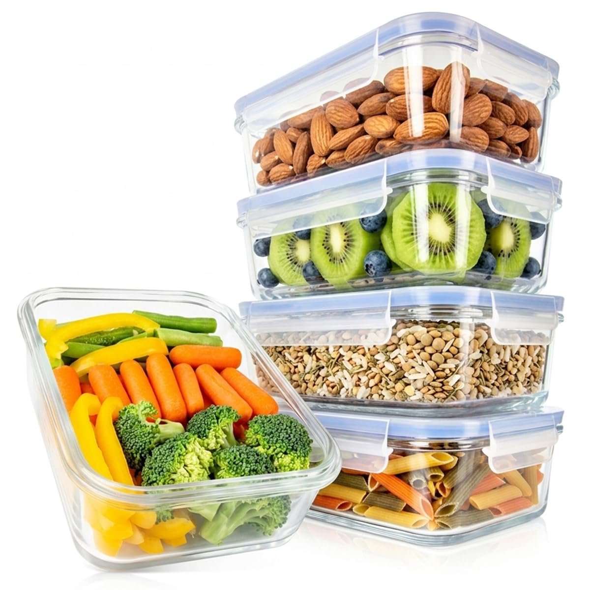 Nutrichef Glass Food Containers with Lids – 5 Pack 1L Borosilicate Meal Prep Containers, Airtight Leakproof Food Storage Set, Microwave, Oven, Dishwasher & Freezer Safe (Blue)
