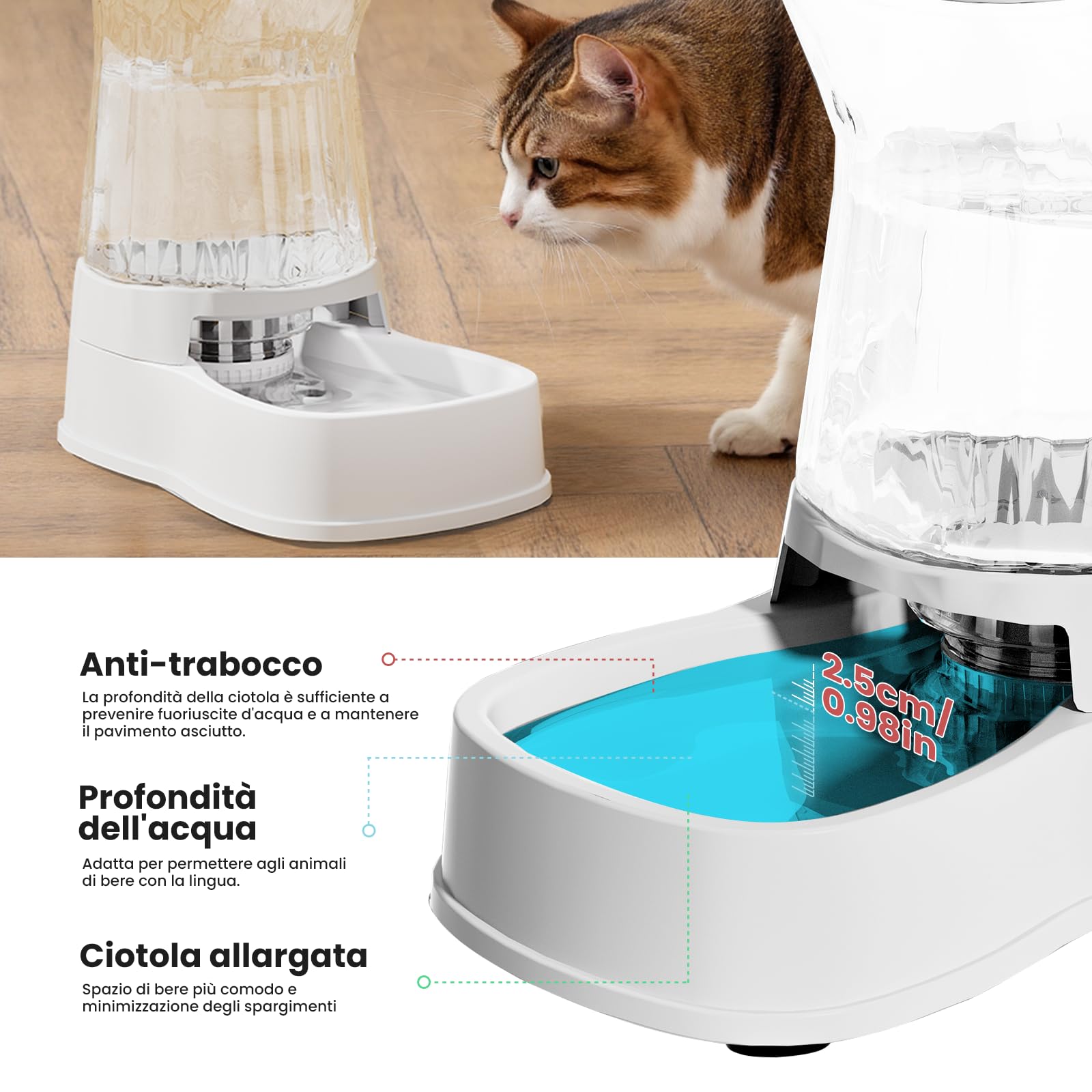 Gardner Pet 3.85L Dispenser Acqua Gatti, Dispenser Acqua Cani con Ciotola in Plastica, GravitÀ Abbeveratoio per Cani Non è Richiesta ElettricitÀ, Senza BPA, Bianco