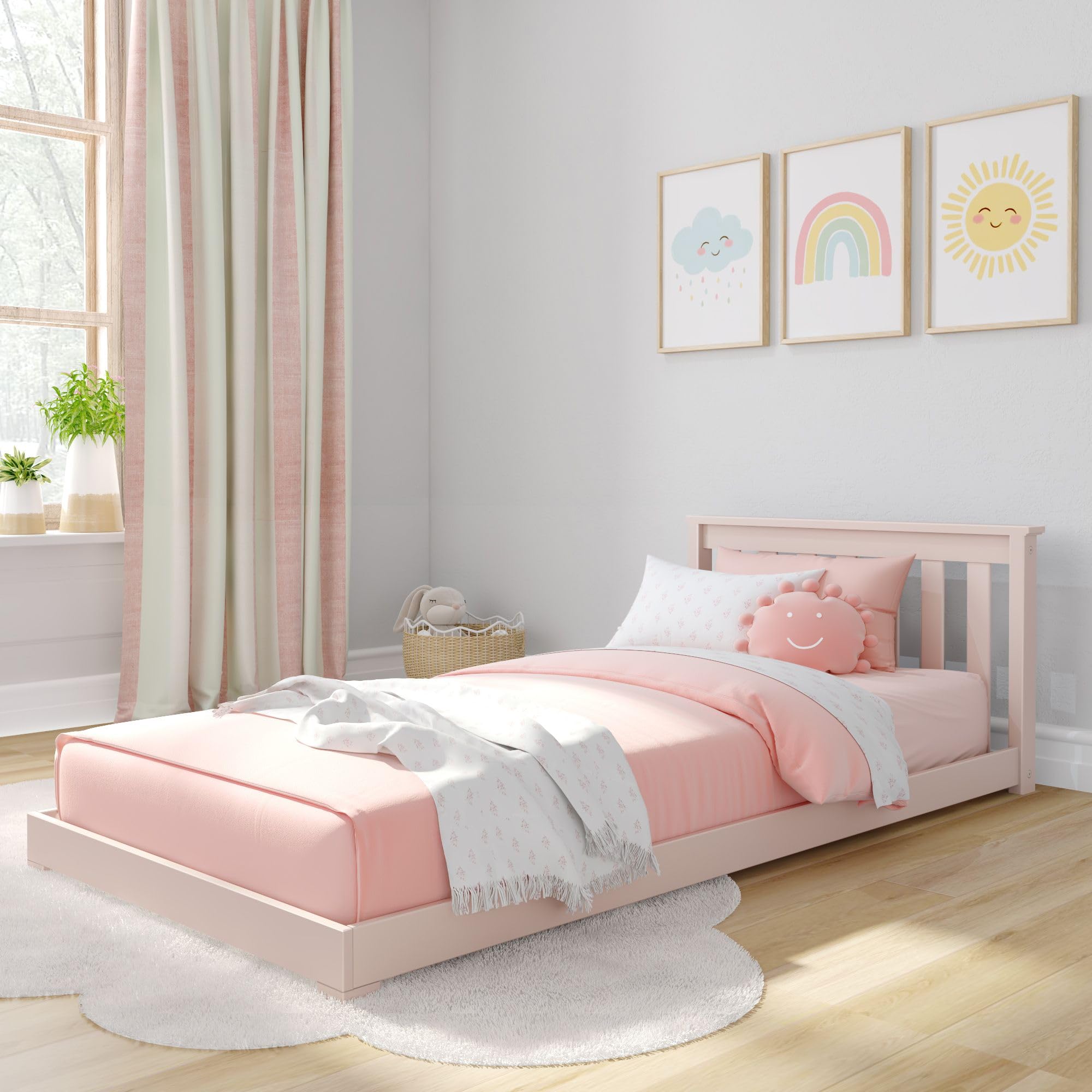 Photo 1 of Max & Lily Classic Twin Floor Bed, 79.75 Inches, Solid Wood Low Bed Frame for Kids, Modern Floor Bed for Bedroom, Blonde