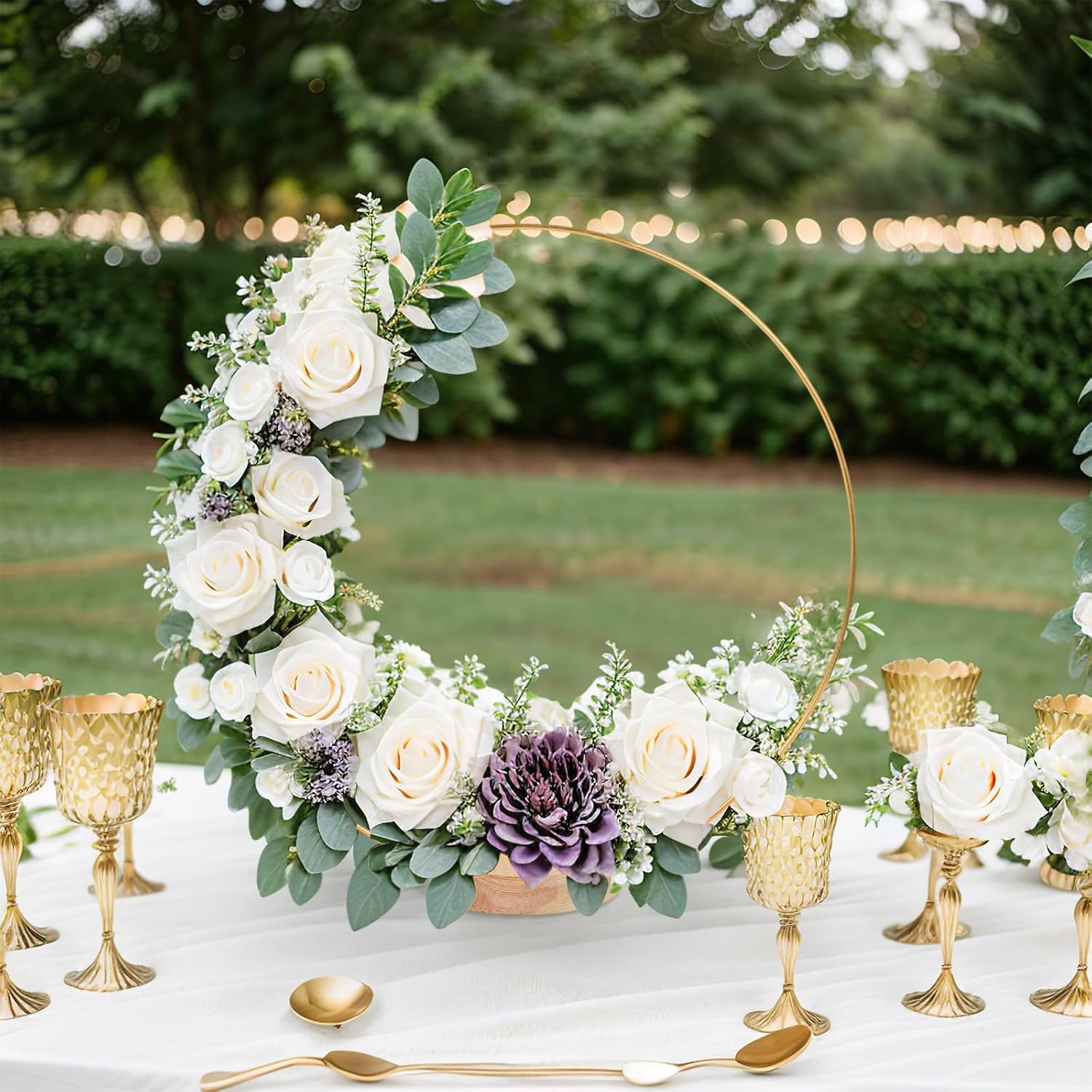 GUDELAK 25Pcs 12 Inch Floral Hoop Centerpiece Table Decorations, Metal Gold Center Pieces Decoration for Table with Wood Round Base, Table Centerpieces for DIY Wedding Decor Wall Hanging Crafts