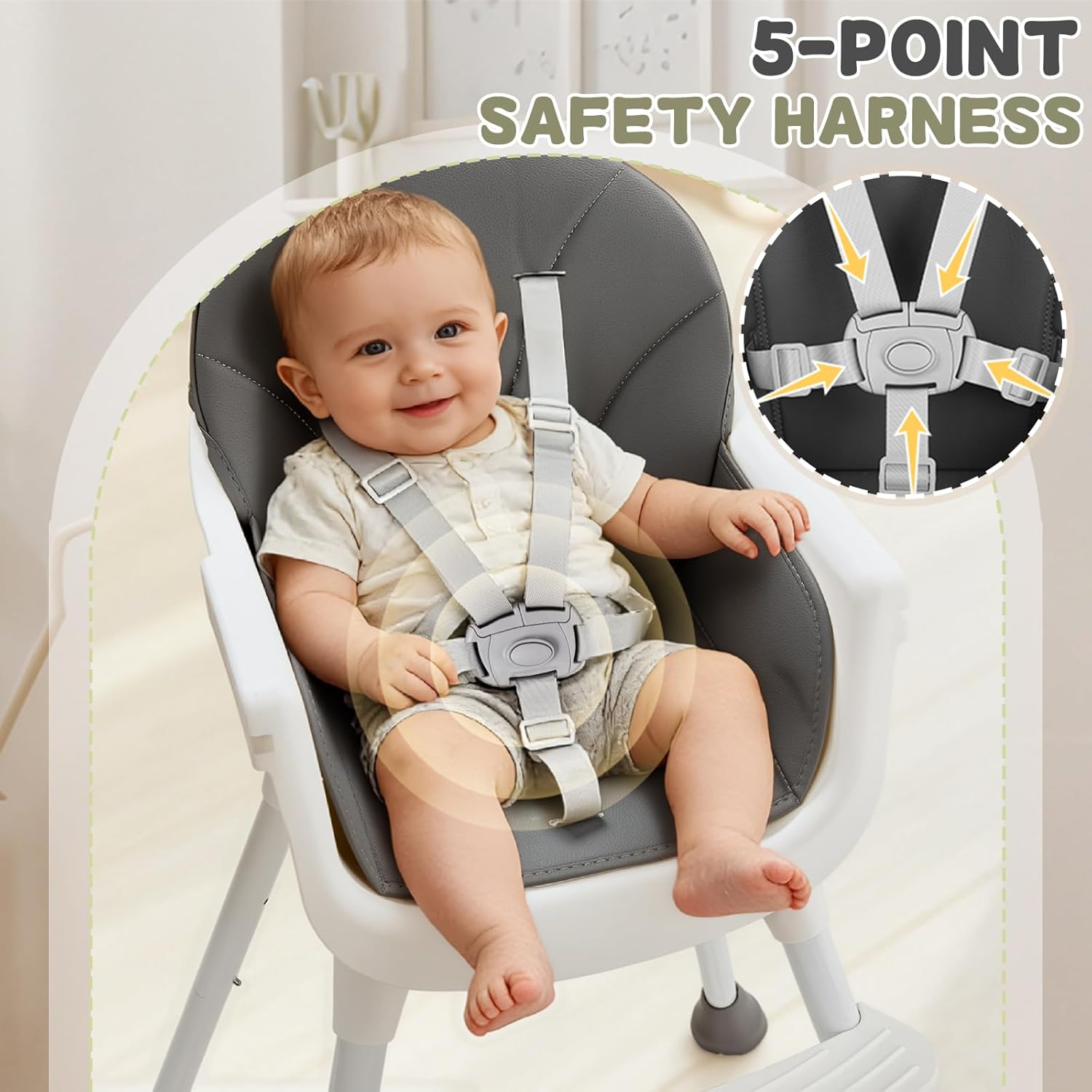 Ktaxon 3-in-1 Baby High Chair, Portable Adjustable Height Highchair with Removable Dual-Layer Tray, 5-Point Safety Harness and Footrest for Toddlers & Babies, Grey