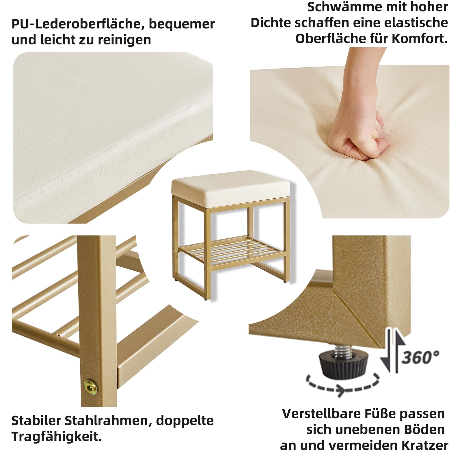 Aibiju Quadratischer Schminktischhocker, Schminkstuhlhocker mit verstellbaren Füßen und Stauraum, kleine Make-up-Hockerbank für Schminktisch, Schlafzimmer, Wohnzimmer, Weiß YD-JD150W