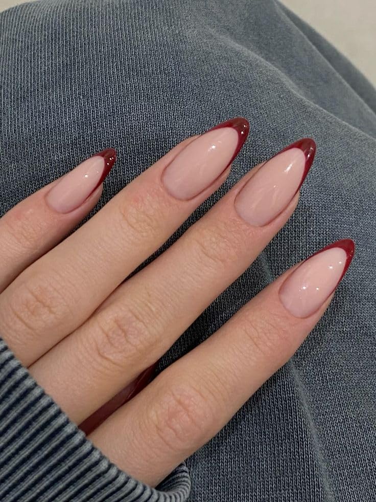 Burgundy French Tip Press-On Nails – Glossy Nude Almond Shape Fake Nails with Deep Red Tips, Full Cover Reusable Stick-On Manicure Set for Women set of 12-image-41
