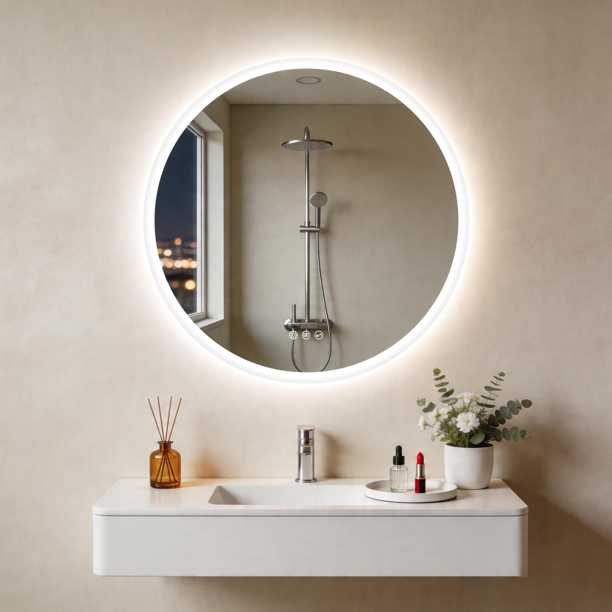S'bagno Runder-Badspiegel-mit-Beleuchtung-60cm, Badezimmerspiegel-mit-Beleuchtung-und-Bluetooth, Entfoggen, 3000K/4000K/6500K, Dimmbar, HD-gehärtetes Glas, Speicherfunktion, IP44