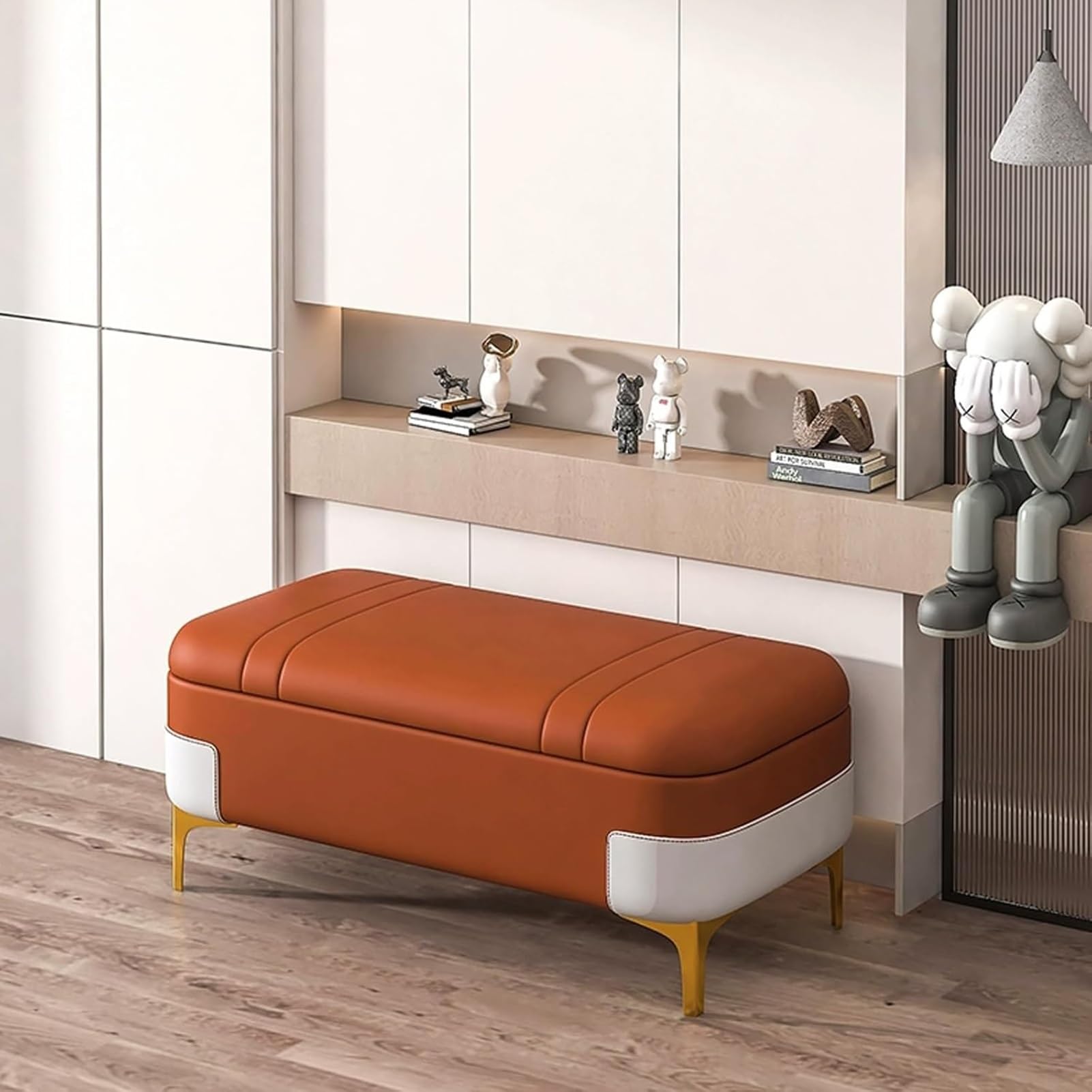 Banc à chaussures moderne Mingyu orange 80cm avec rangement rembourré