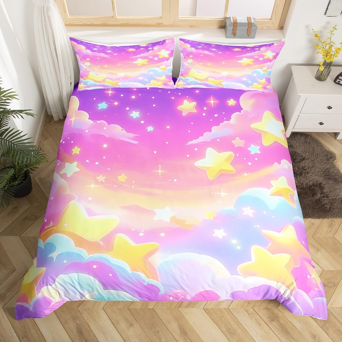 jejeloiu Pink Rainbow Duvet Cover Twin Size Glitter Galaxy Bedding Set for Boys Girls Colorful Comforter Cover Lovely Kids Rainbows Bedroom Decor 2Pcs Multicolor