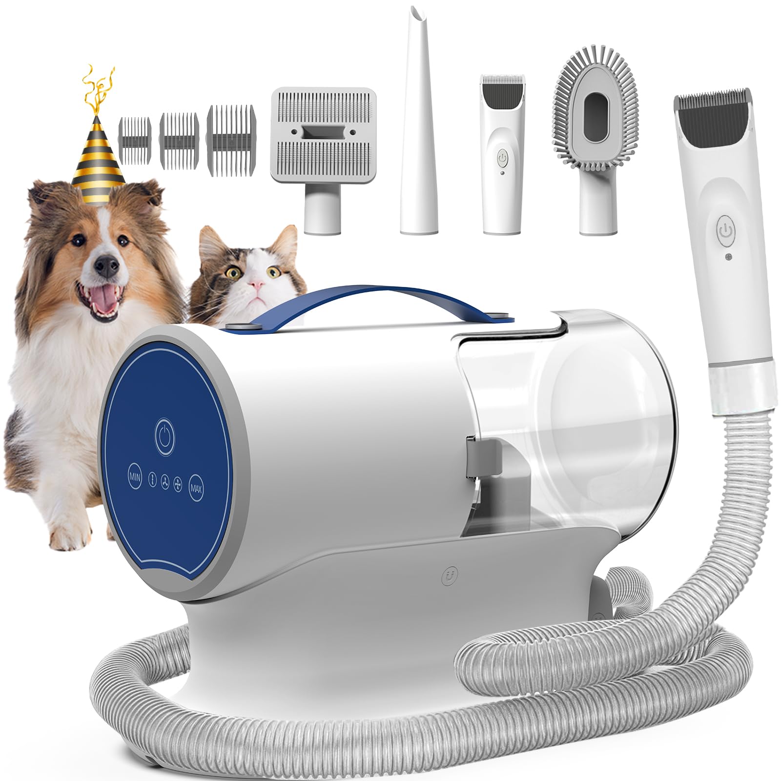 FIXR Kit de aseo para perros con aspiradora, cortadora eléctrica de succión de 12.000 Pa + peines guía + cepillo para desprendimiento + herramientas de limpieza y grietas, cubo de basura de 2 L, motor