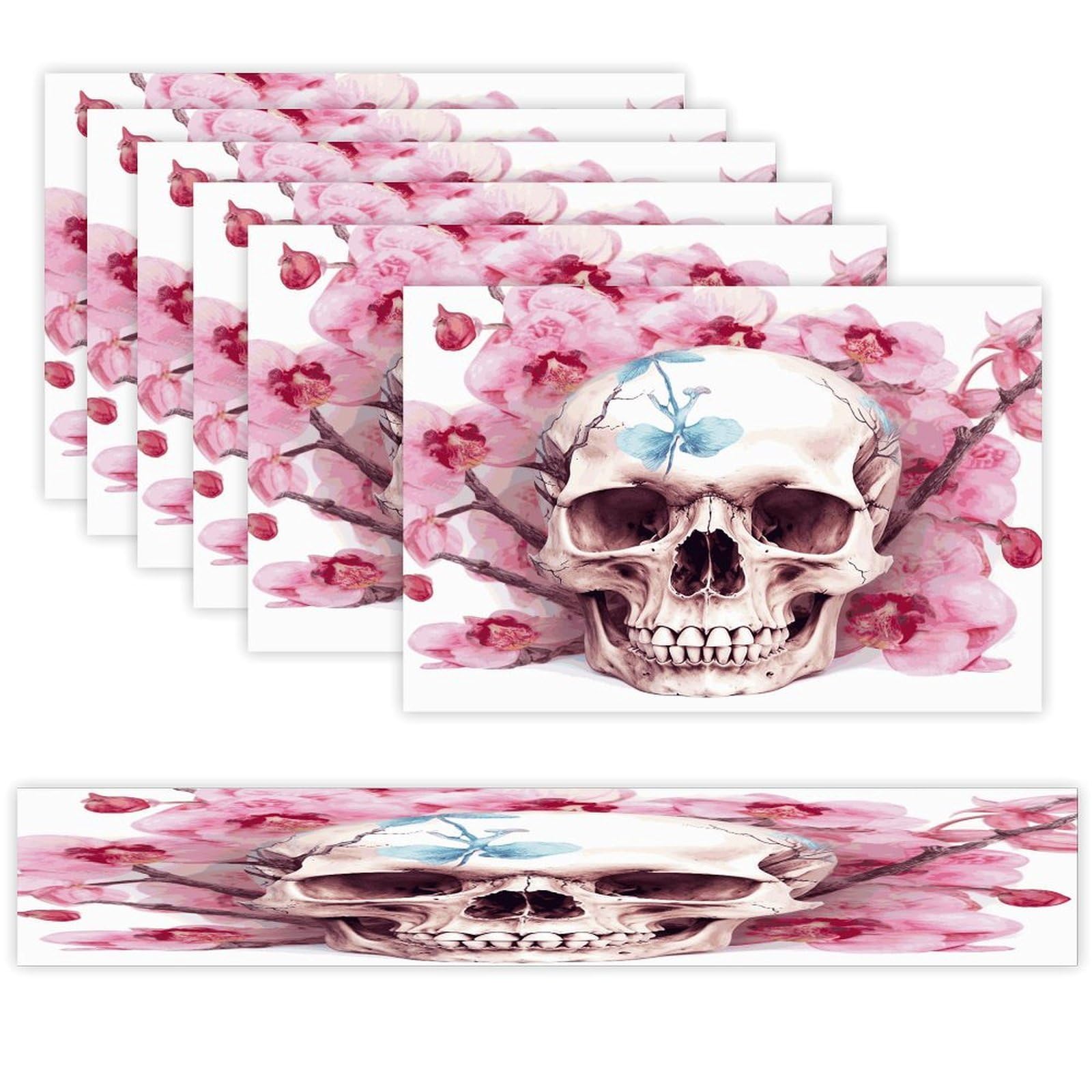 Human Skull Pink Flowers Table Runner and Placemats Set of 6 Heat Resistant Table Runner Place Mats Modern Cloth Table Mat Washable Linen Placemat Festive Reusable Set