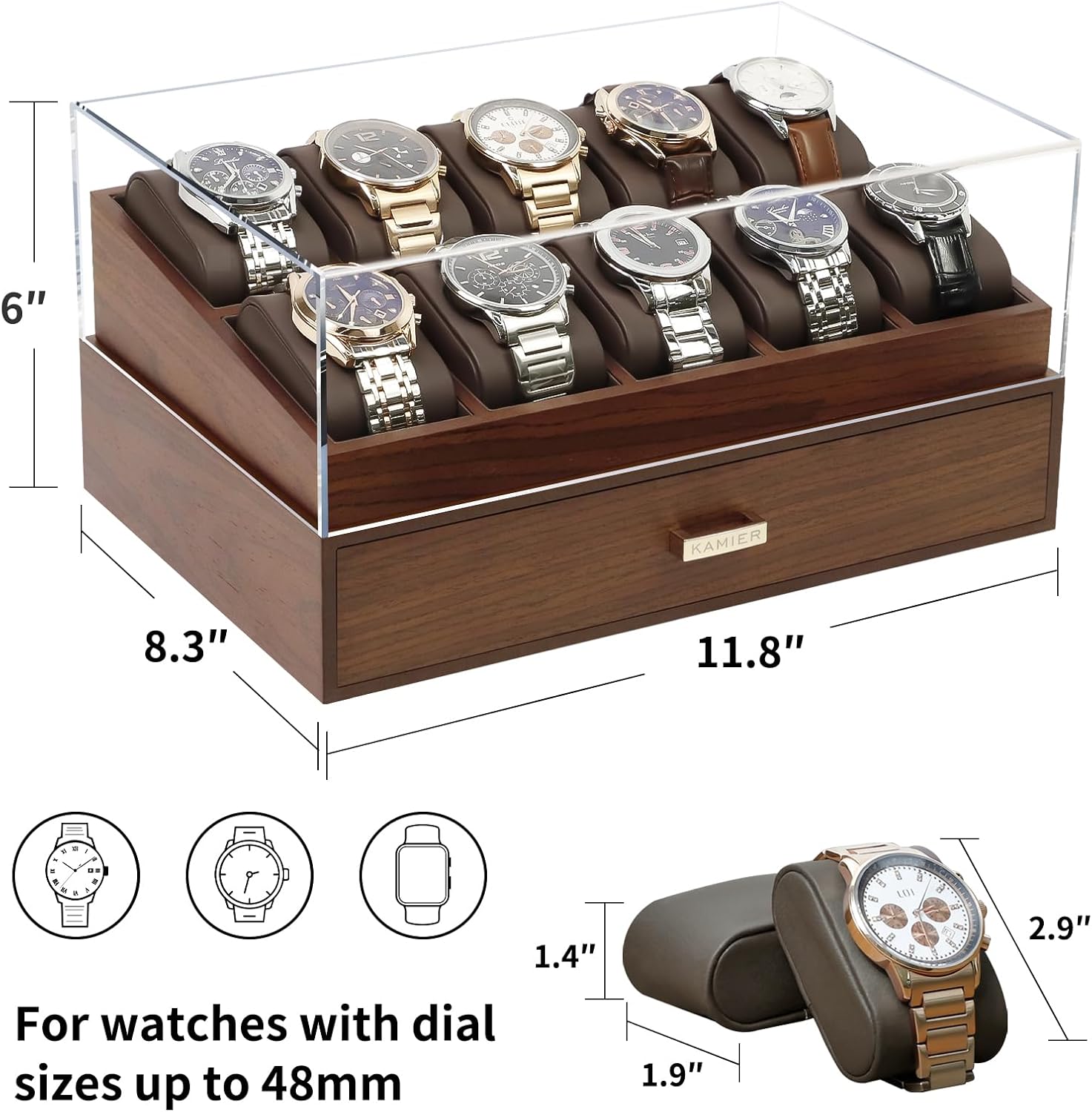 KAMIER Watch Box for Men, 10 Slots Mens Watch Case with Glass Lid, Watch Display Case With Drawer, 2-Layer Watch Holder Organizer, Jewelry and Watch Storage for Men Women, Walnut