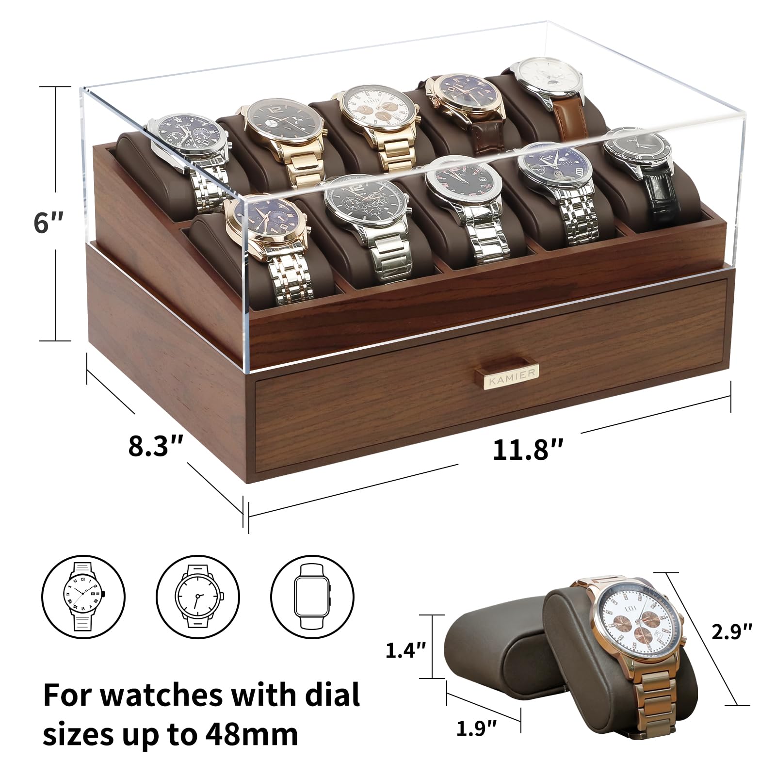 KAMIER Uhrenbox 10 Uhren für Herren, Holz Uhren Box mit Schmuckkasten, 2 Stöckige Uhrenaufbewahrungsbox mit Schublade für Ringe, Sonnenbrillen, Elegantes Geschenk für Männer und Frauen– Walnuss