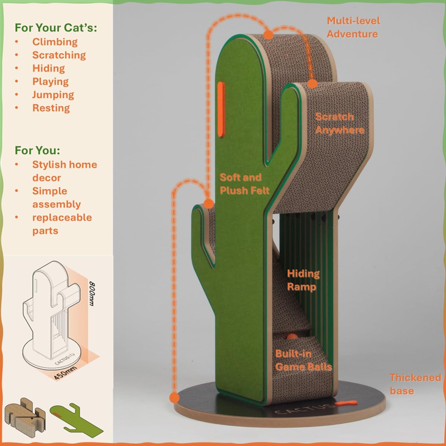 Cactus Cat Tree - Multi-Level Tower for Climbing, Scratching, and Jumping with Sturdy Sustainable Design, Stylish Cat Furniture for Active Play and Home Decor