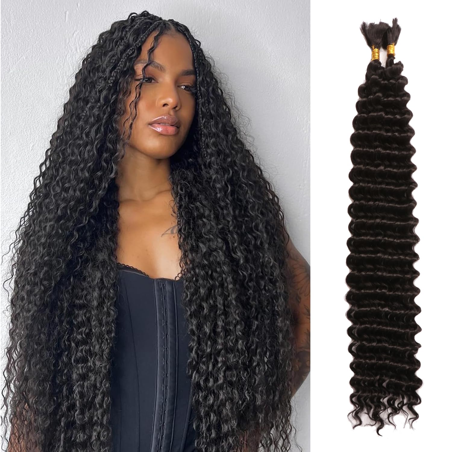 30 Inch Boho Hair for Braiding Curly Braiding Hair Long Deep Wave Bulk Hair for Braiding 2 Bundles 100g Natural Black Micro Twist No Weft Wet and Wavy Braiding Hair (1B#