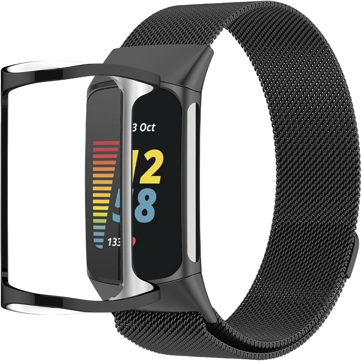 Bands with Case Compatible for Fitbit Charge 6/5, Metal Adjustable Braided Strap with Magnetic Clasp, Stainless Steel Mesh Loop TPU Bumper Cover for Men Women