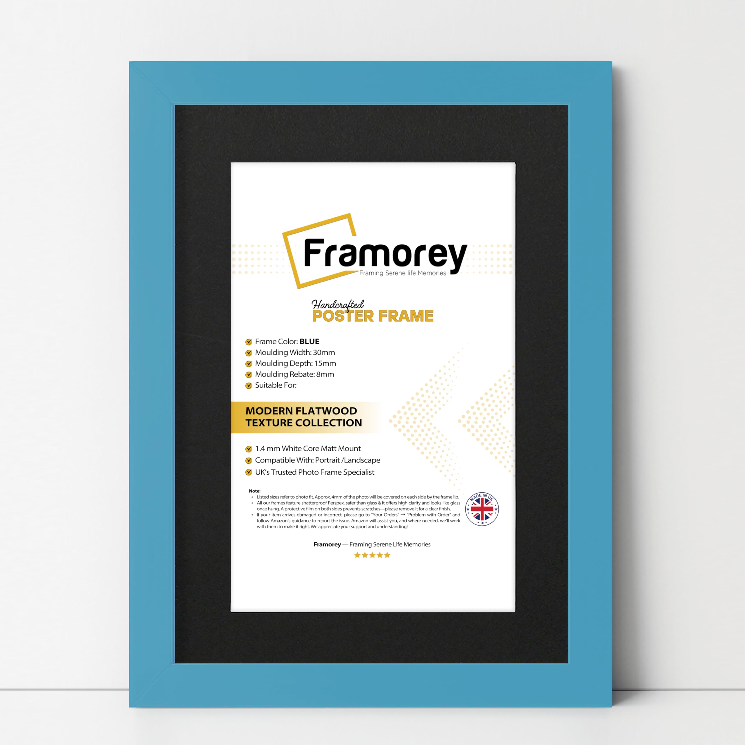 FRAMOREY Oxford Flat Wooden Effect Picture Frame, Blue 28x22 Size Photo Frame With 24x18 Black Mount, Handmade Wall Art Poster Frame, Best Living Room Photo Frames