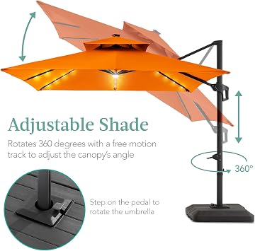 Best Choice Products 10x10ft Cantilever Patio Umbrella w/Base Included, Solar LED Lights 360 Rotation Large Offset Hanging Outdoor Shade for Deck Pool Backyard w/Stand Orange