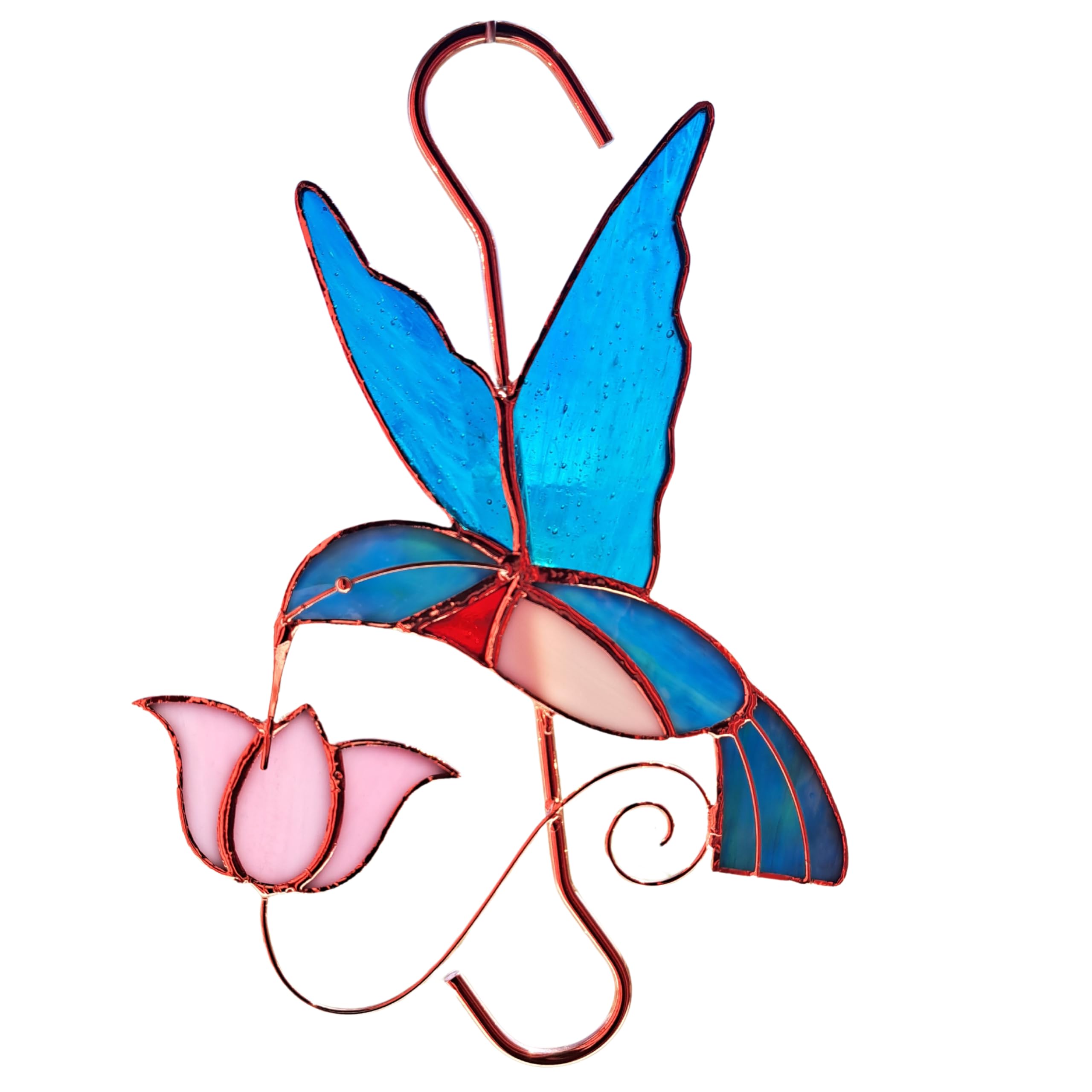 Gift Essentials Plant Hanger Hook - Hummingbird with Pink Flower - Stained Glass Sun Catcher Plant Hook for Indoor and Outdoor Use - Copper S Hooks
