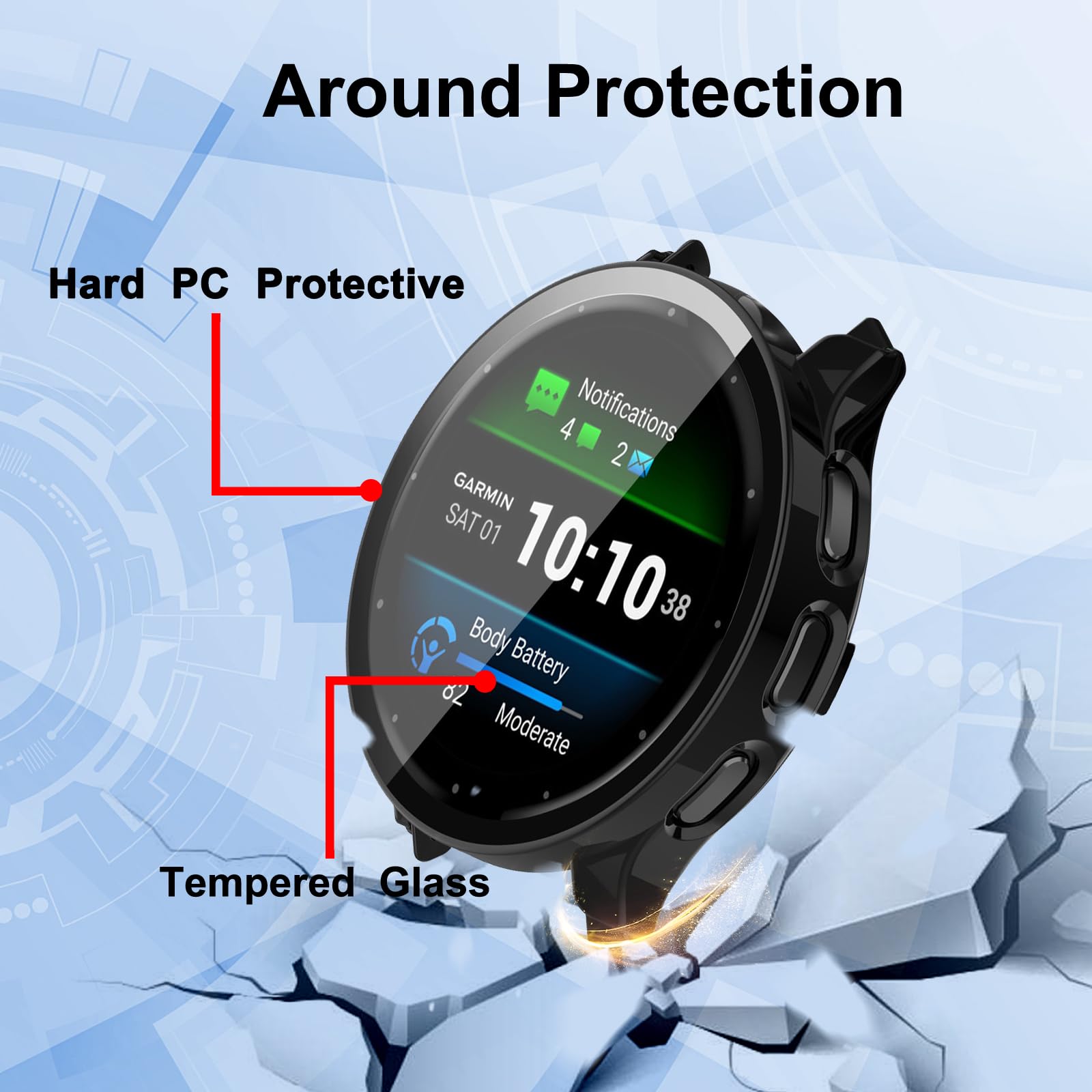 Coque De Protection Avec Verre Trempé Pour Garmin Forerunner 970 - 2 Pièces (transparent+noir) + Bouchons Silicone - 12