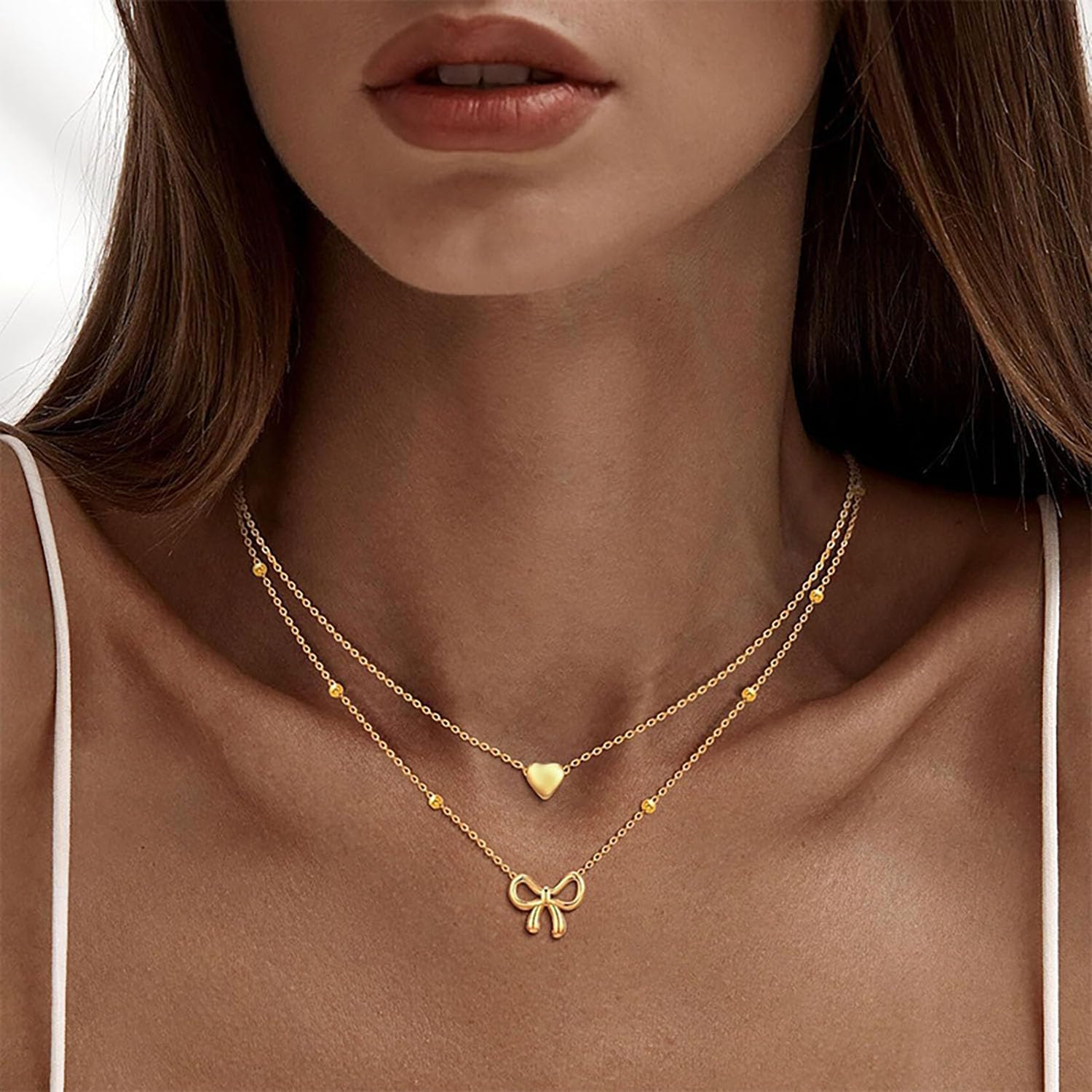 Gold Bow Necklace for Women 14K Plated Layered Bow Heart Pendant Necklace Trendy Dainty Heart Bow Choker Necklace Jewelry Gift for Women - Image 2
