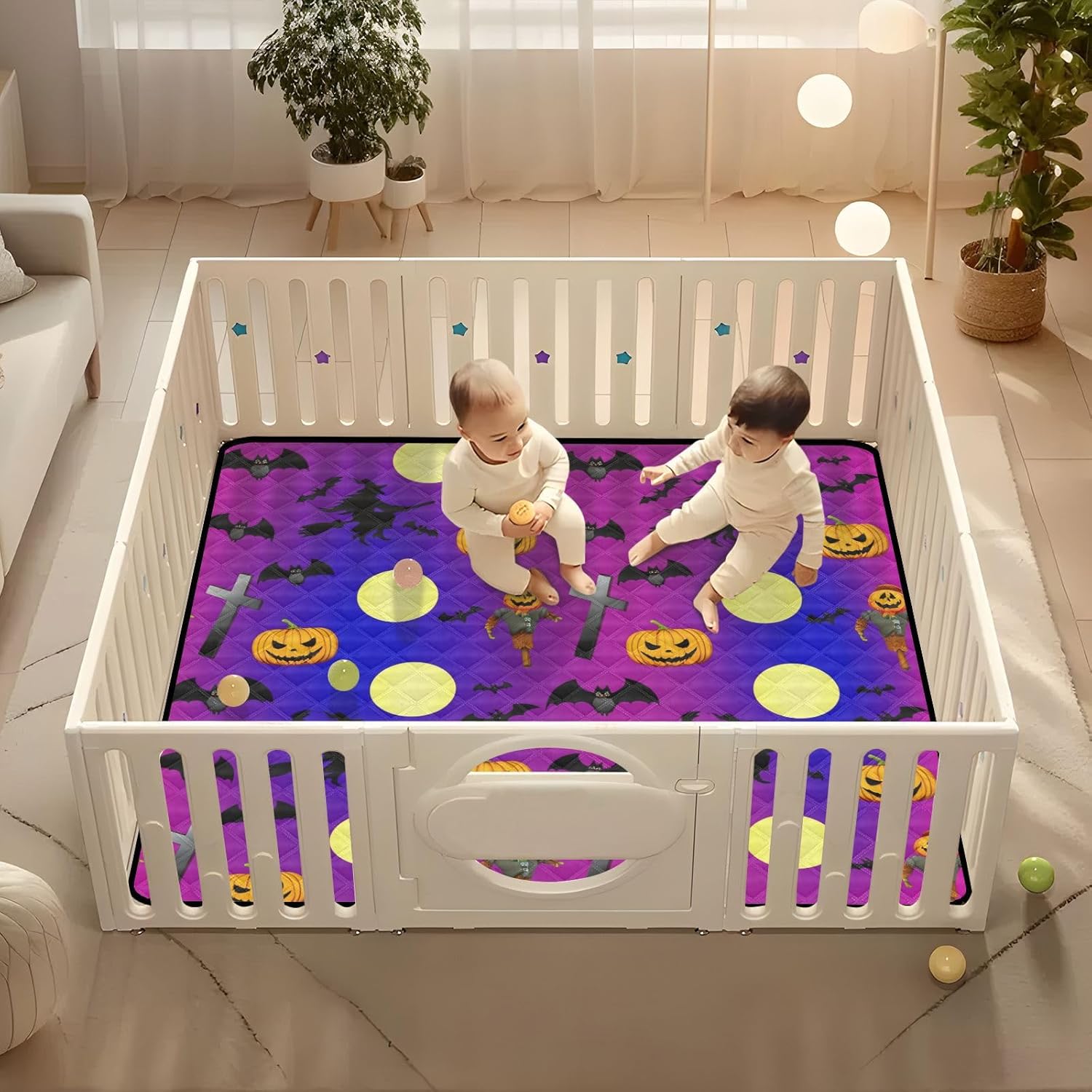 Halloween Pumpkins & Bats Baby Play Mat, 50“ X 50” Washable Folding Crawling Mat, Baby Floor Mat, Soft, Non-Slip