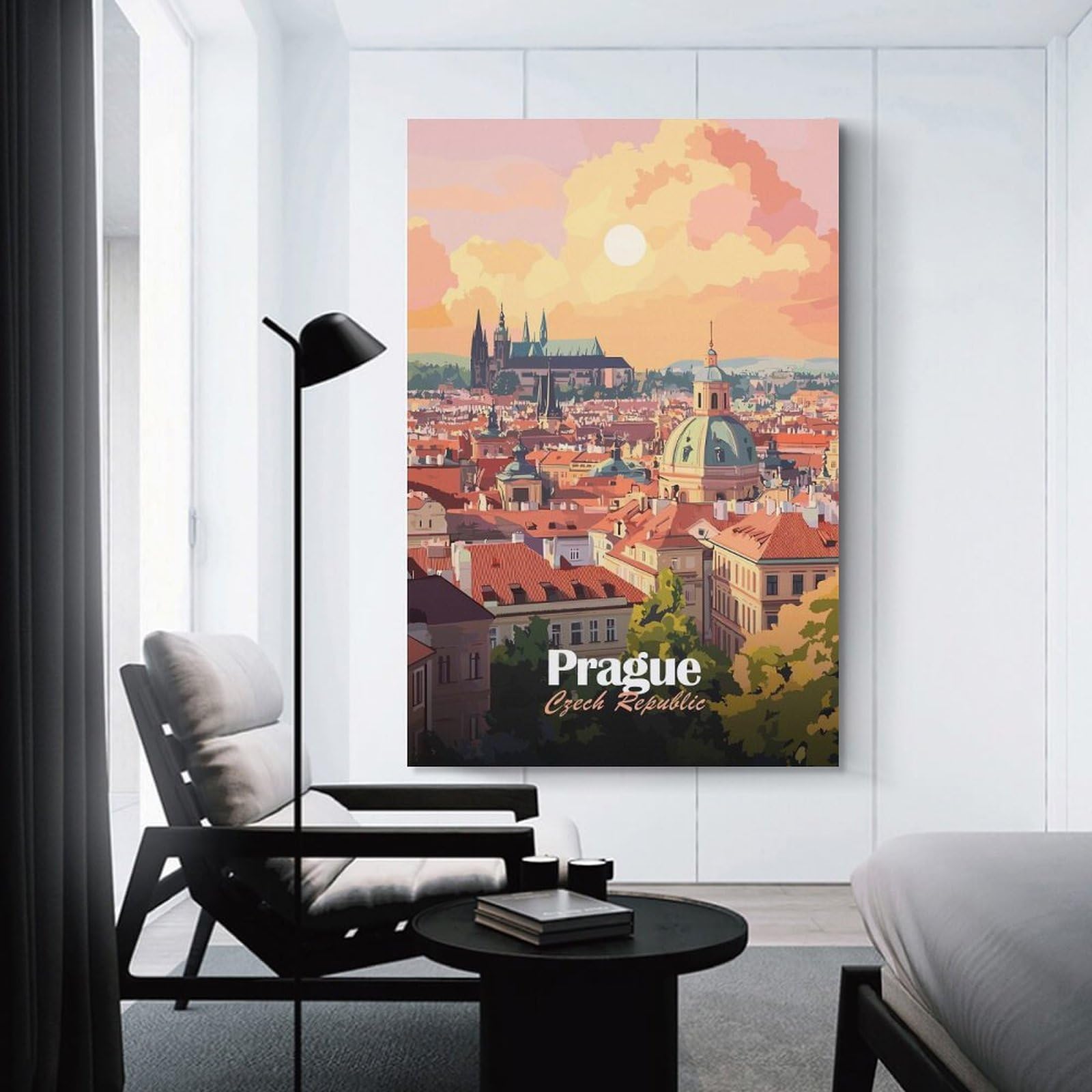 Junmoney Prague Cityscape Sunset Canvas Wall Decor 24x36inch(60x90cm), for Home Lounge, Bedroom Or Reading Nook, A Home Accent with Warm Character