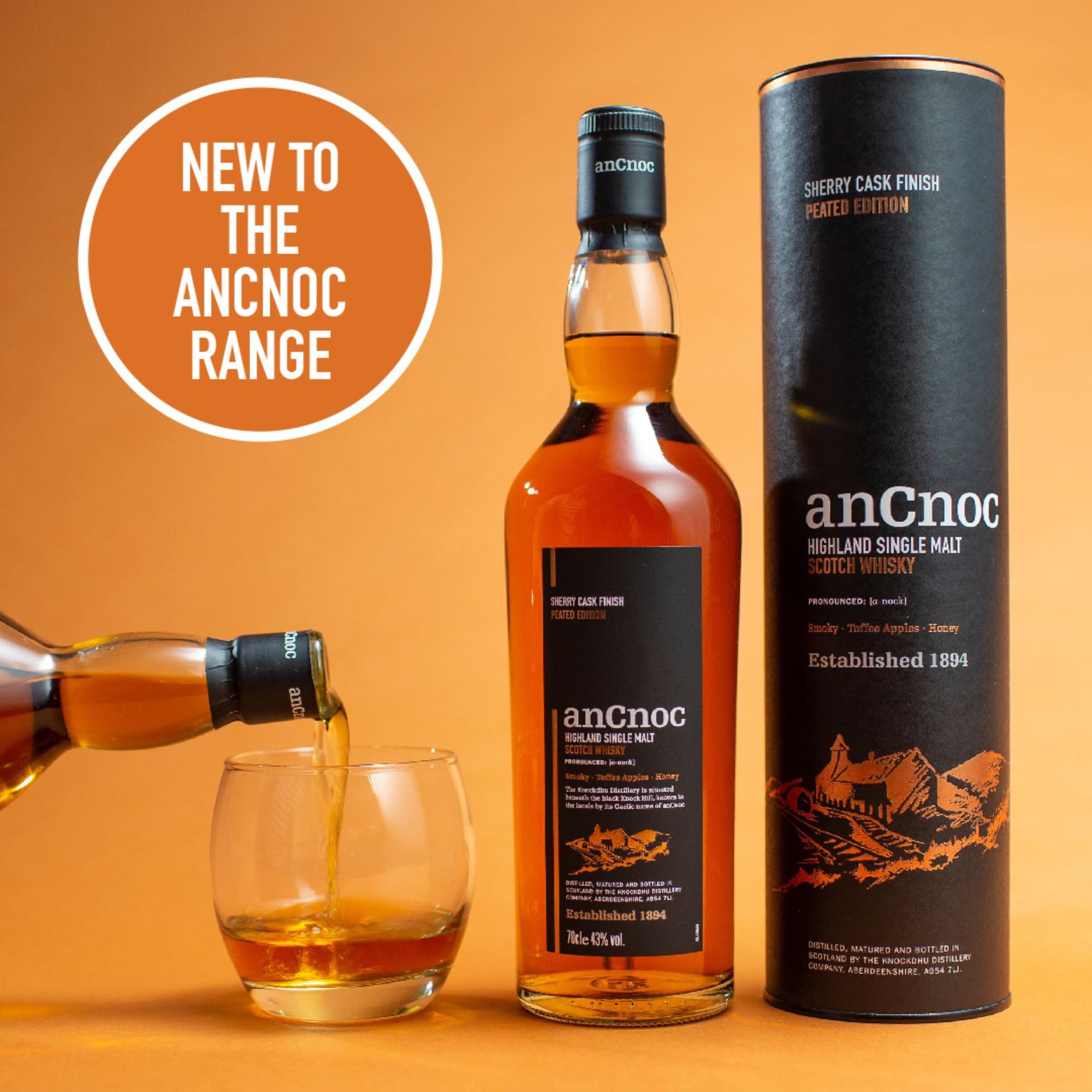 AnCnoc Highland Single Malt Scotch Whisky Sherry Cask Finish Peated Edition 43% Vol. 0,7l in Geschenkbox