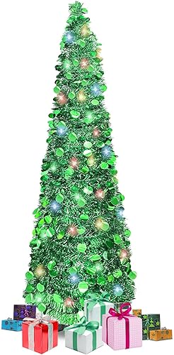 Árbol de Navidad de lápiz de 5 pies, árbol de Navidad plegable con lentejuelas artificiales, árboles de Navidad de oropel delgado, árbol de Navidad
