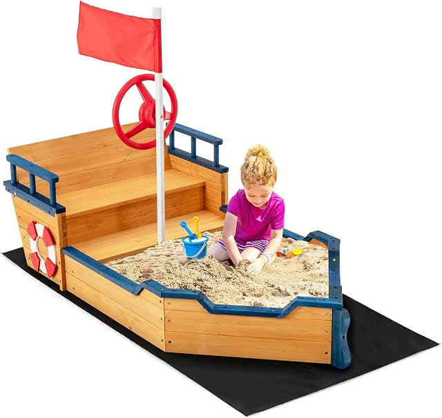 GYMAX Kids Wooden Sandbox, Pirate Ship Sandpit with Bench Seats, Hidden Storage, Flag, Rudder & Non-woven Fabric Liner, Garden Sand Pit for Children