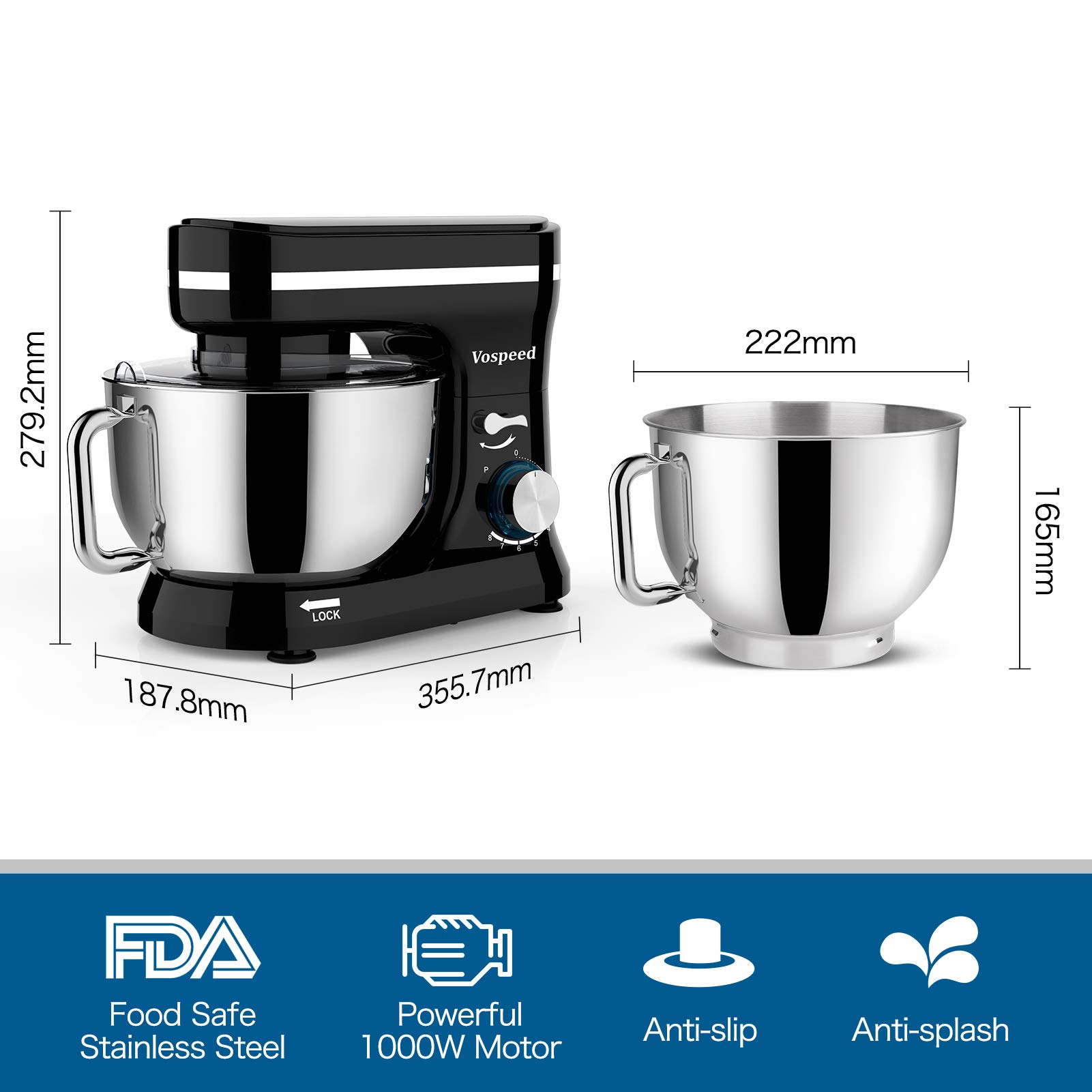 Impastatrice Planetaria, Vospeed 1000W 5QT Robot da Cucina con Frusta, Gancio per Impastare, Frusta per Dolci, Ciotola di Acciaio Inossidabile, Coperchio Paraspruzzi (Nero)