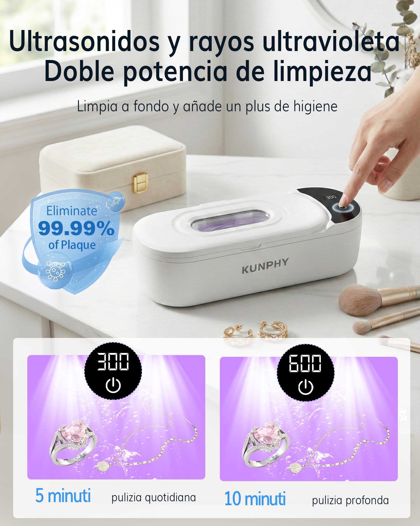 Dispositivo de limpieza ultrasónica, 48 kHz, limpiador ultrasónico silencioso, adecuado para joyas, aparatos ortopédicos y maquinillas de afeitar
