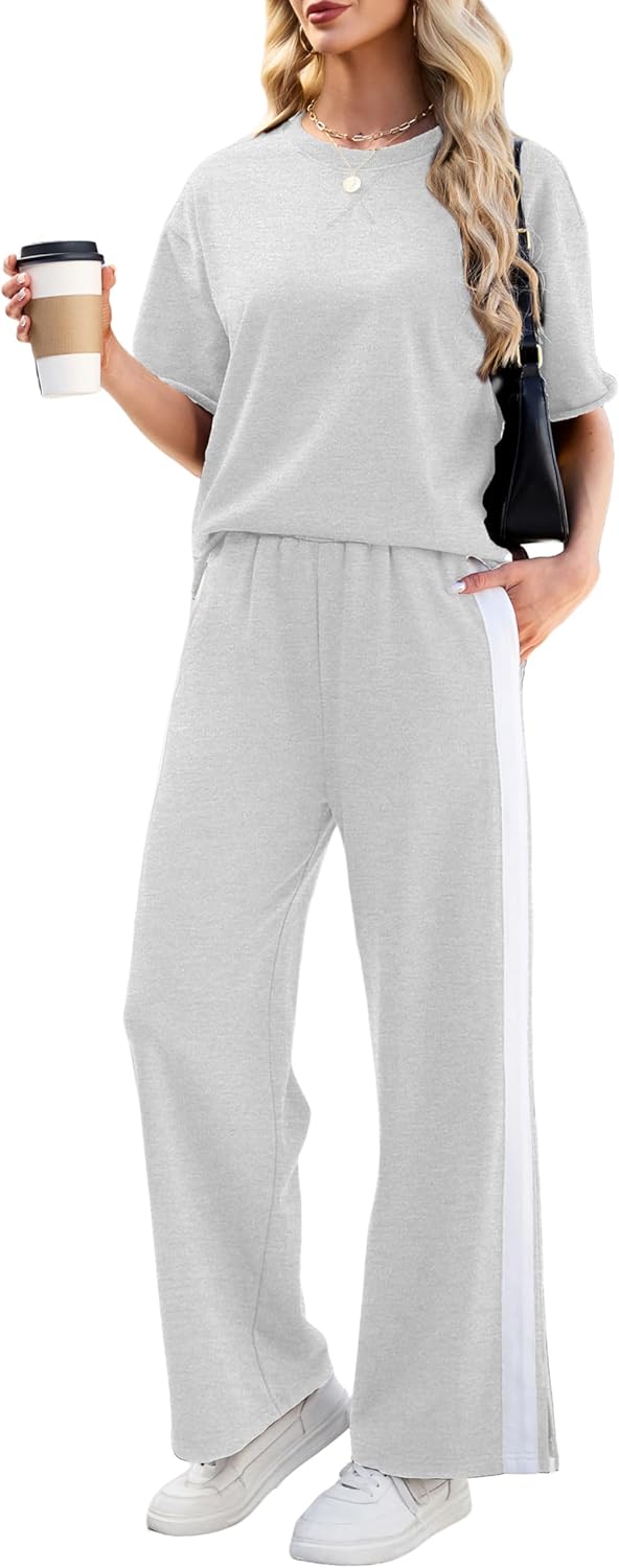 Tanming Two Piece Sets for Women Travel Vacation Outfits Lounge Sets Short Sleeve Tops Striped Wide Leg Pants Tracksuits