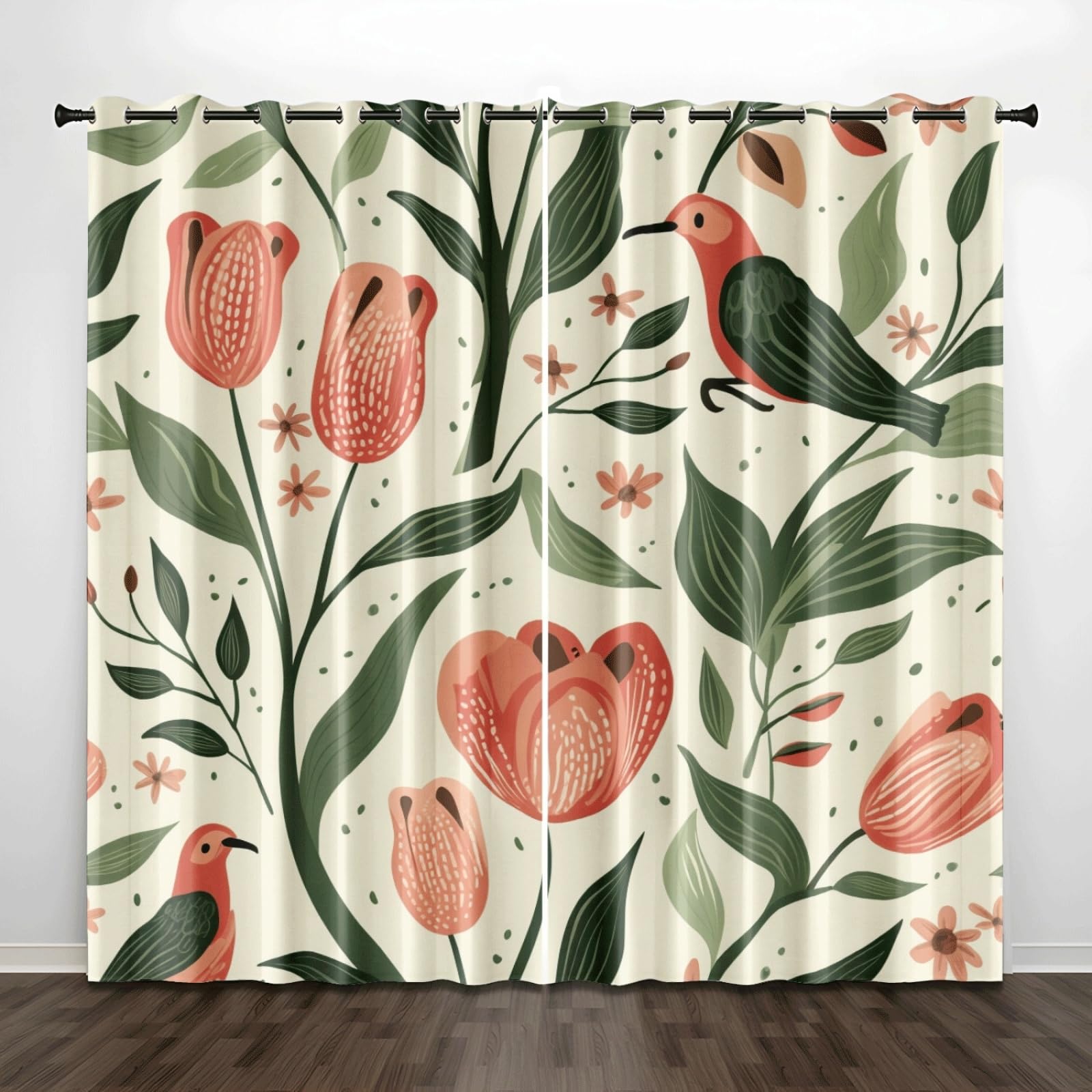 Vorhänge Orange Blume Grün Vorhang Blickdicht Polyester Gardinen mit ösen Thermovorhang 2er Pack Curtains Living Room Schlafzimmer Waschbar Verdunkelungsvorhang (2x110x215 cm)