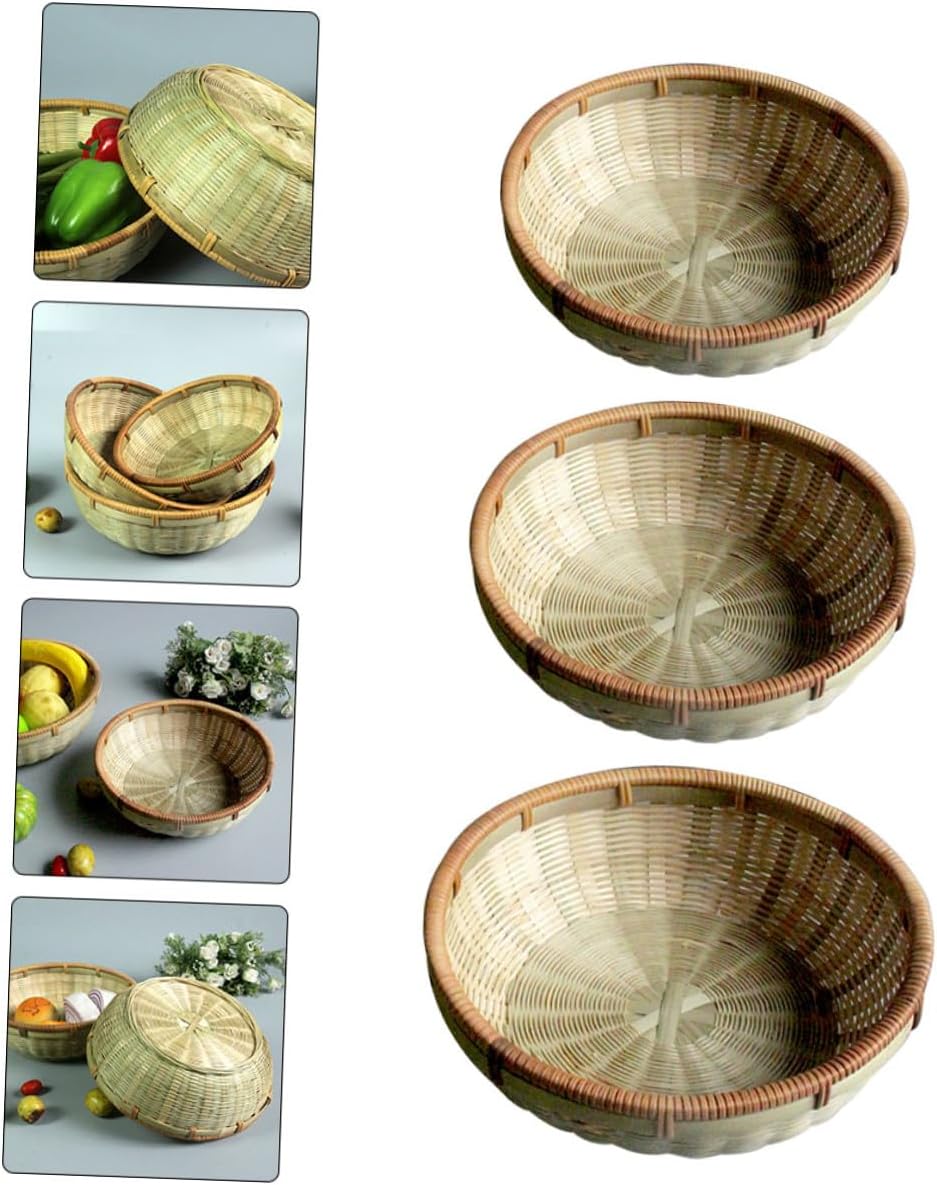 3pcs Bread Storage Basket Set Handwoven Kitchen Organizer Basket Drainage for Food Drying and Serving