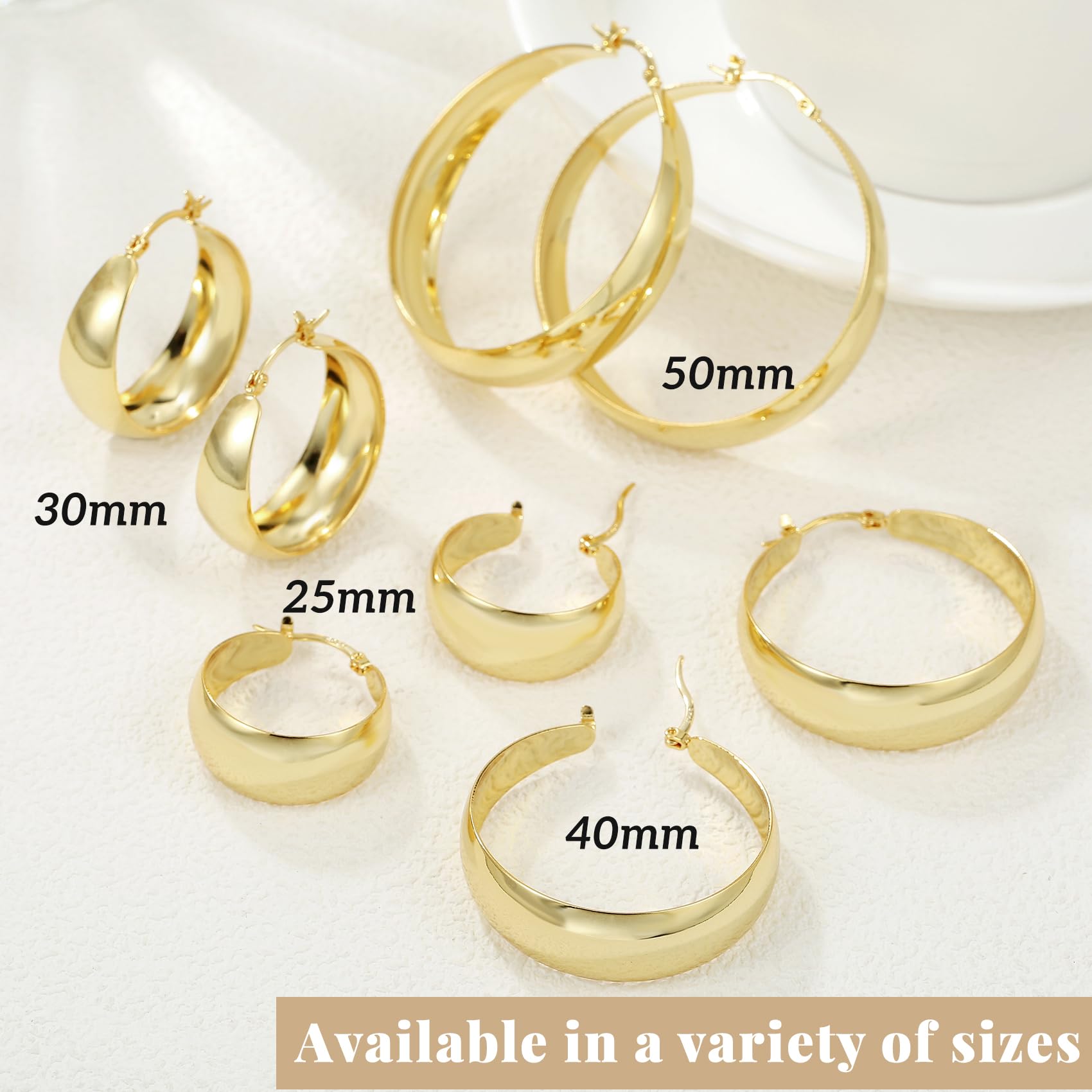 Orecchini Senteria in argento 925, orecchini a cerchio per donna, ipoallergenici, leggeri, larghi 12 mm, placcati in oro 14 carati, orecchini a cerchio grandi e spessi in oro per donna 25/30/40/50 mm