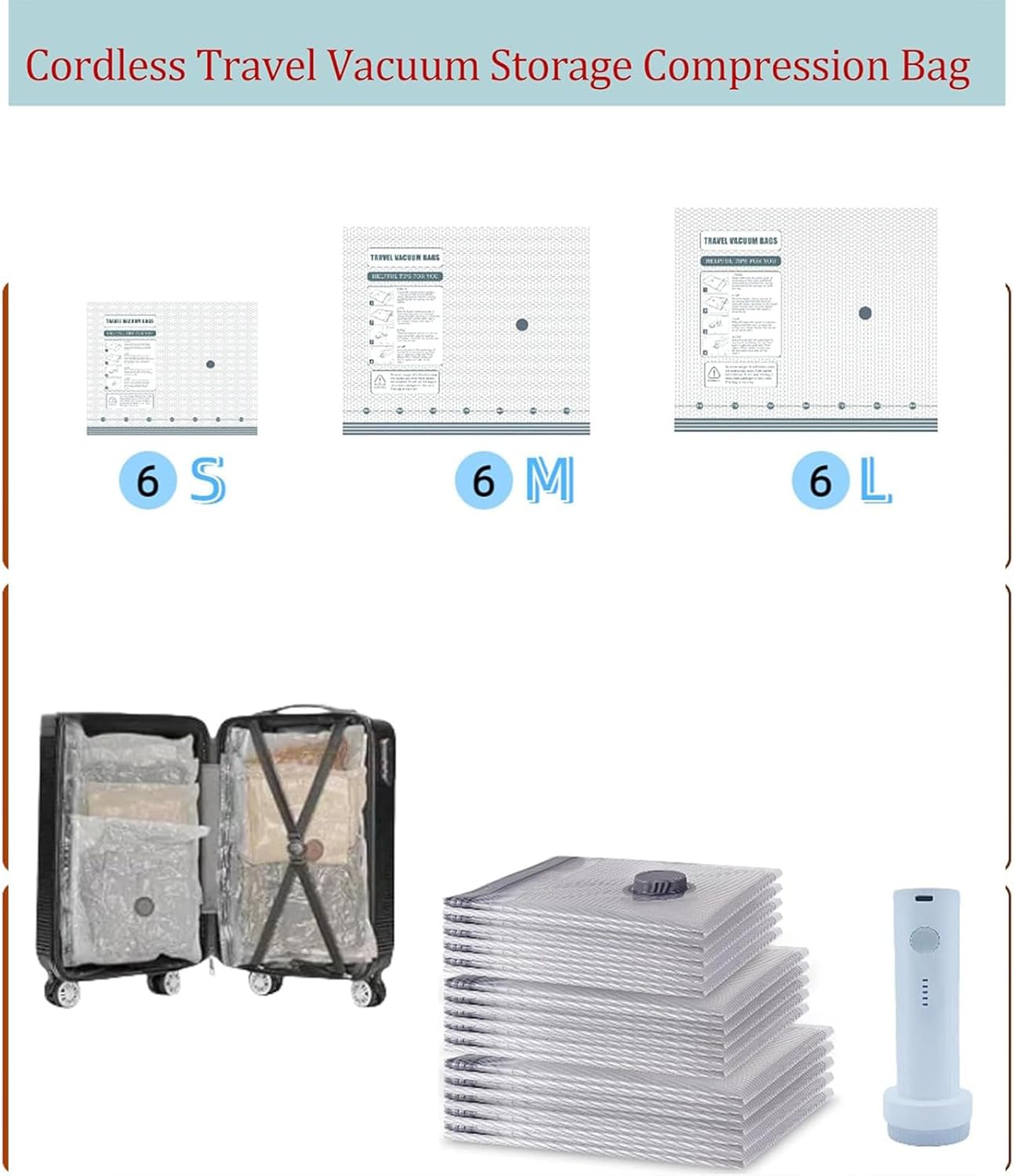 Cordless Travel Vacuum Storage Compression Bag Set - 6 Pack & 9Pack, 3 Sizes, USB Rechargeable Handheld Pump, Waterproof and Reusable, Saves Clothing and Packing Space (9Pack)