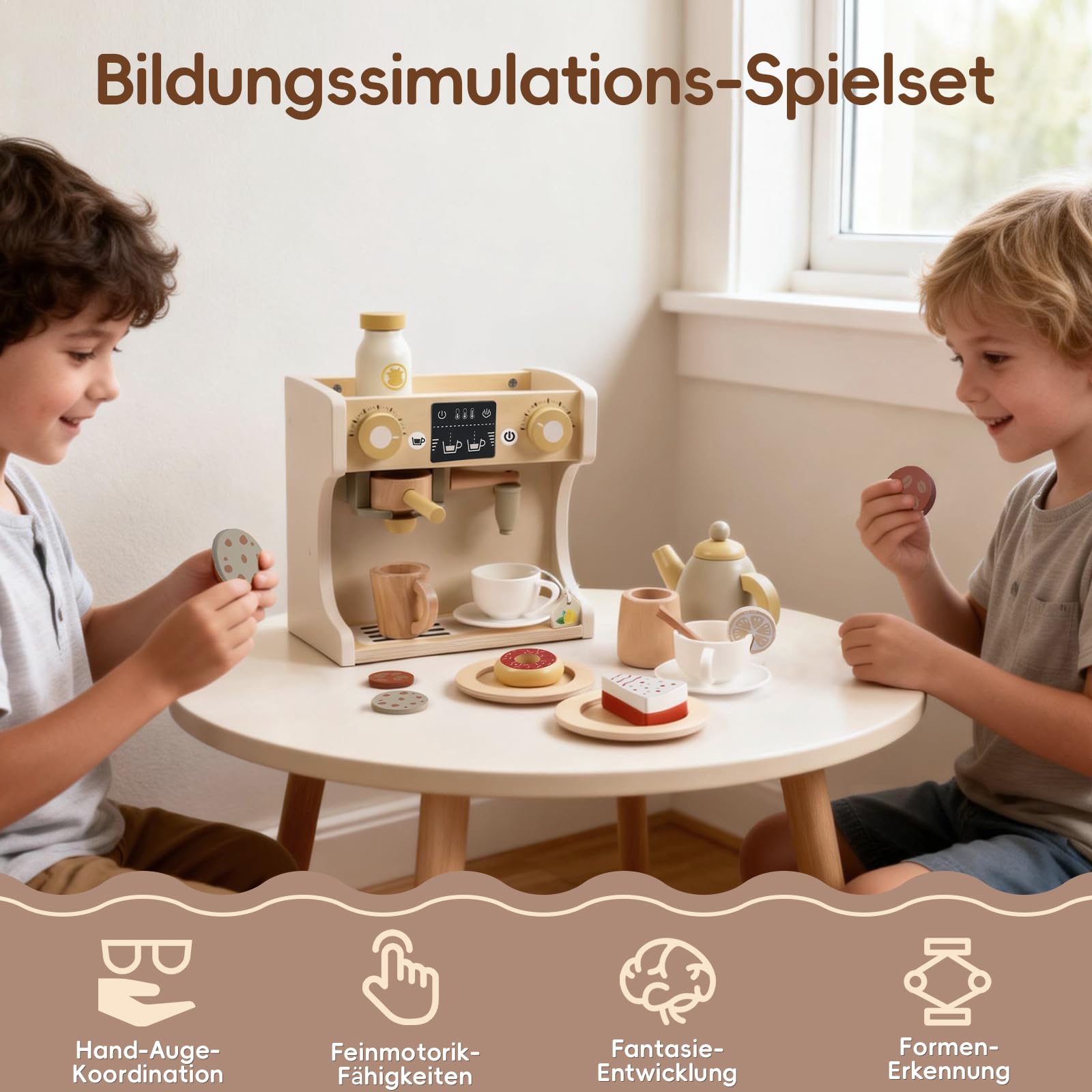 Holz Kaffeemaschine Spielzeug für Kinder, Montessori Espresso Maschine zum Rollenspiel mit Kaffeetassen und Desserts, Kinderküche Spielzeug, Geschenk für Jungen & Mädchen