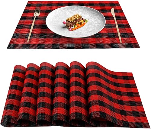 Buffalo Check - Juego de 6 manteles individuales para interiores, manteles individuales lavables a cuadros negros y rojos, manteles individuales