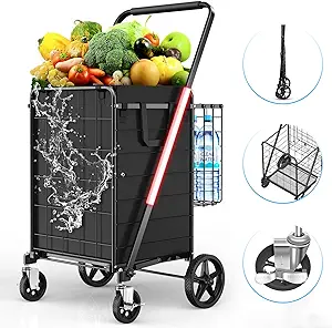 Large Folding Shopping Cart with Swivel Wheels & Brakes - 420lbs Foldable Rolling Grocery Cart with Double Basket & Waterproof Liner, Portable Heavy Duty Utility Carts for Laundry