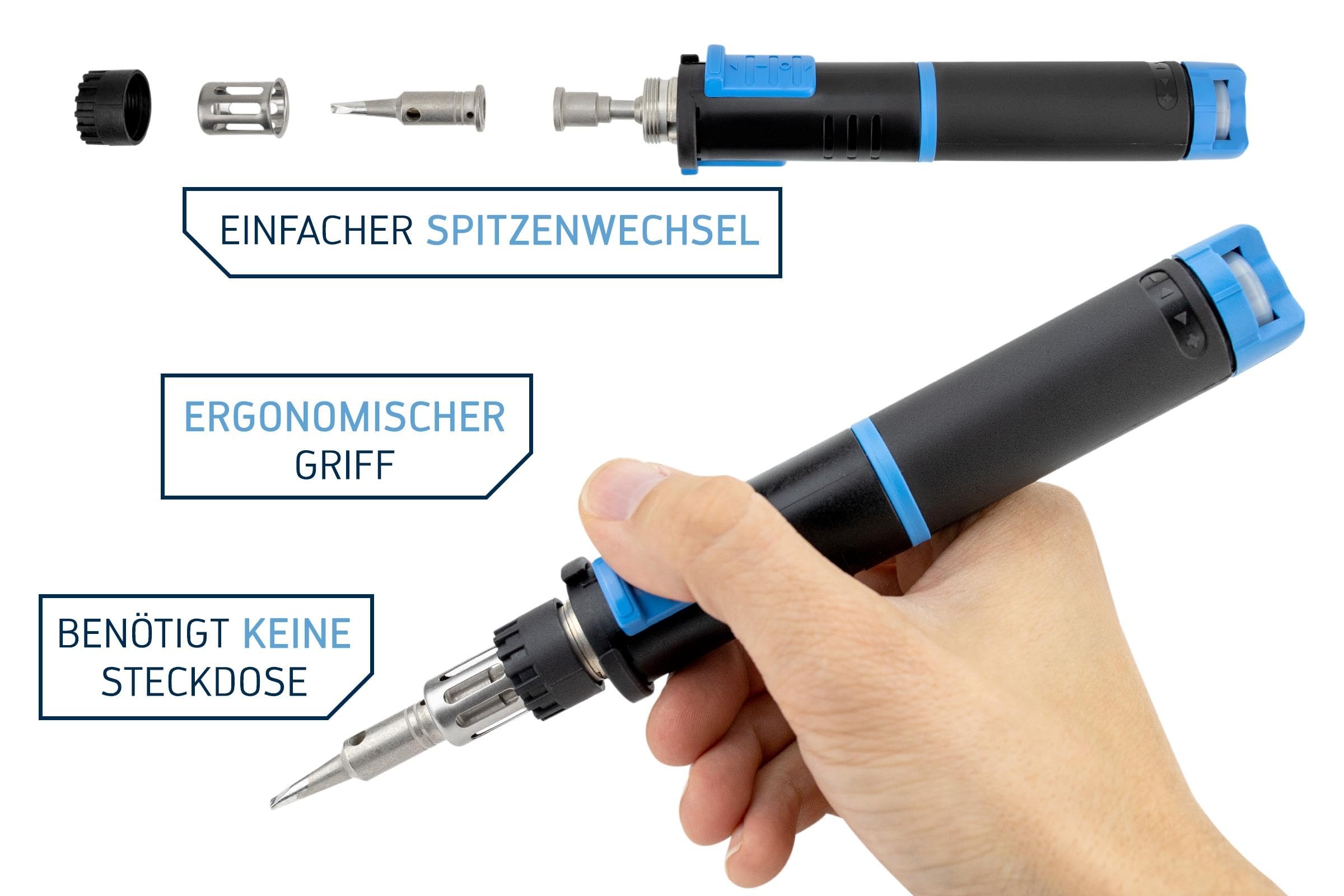 ERSA Independent 130 PROFI-Set Gaslötkolben 130W Temperatur bis 580 °C inkl. 4 Lötspitzen 2 Düsen 1300 °C Glühmesser Transportbox Ablagebügel - mobile Lötkolben Power
