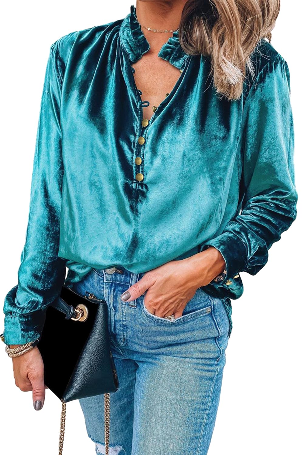 Melliflo Womens Frilled Neck Buttoned Front Velvet Top Casual V Neck Solid Long Sleeve Blouse Tops