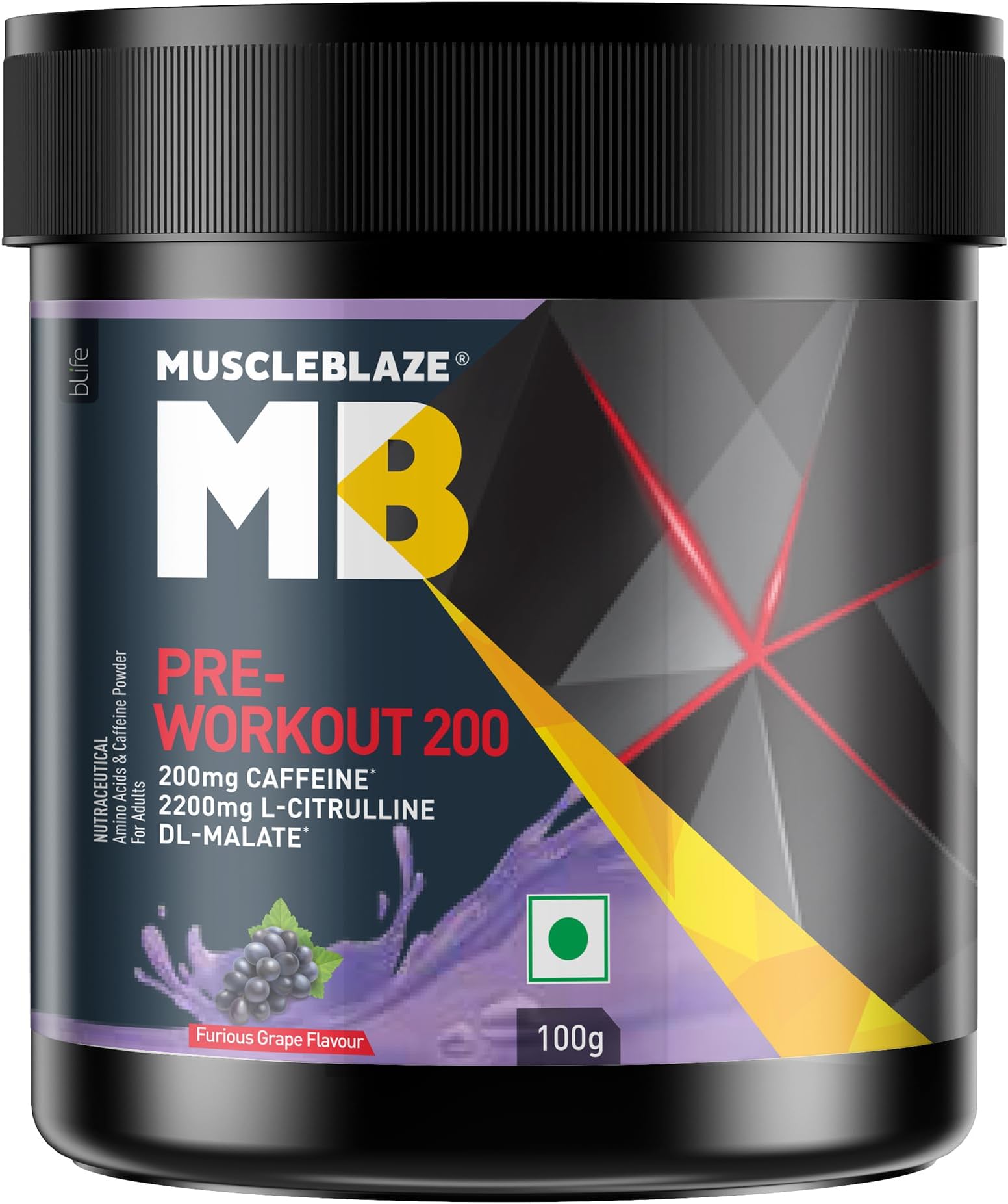 MuscleBlaze Pre Workout 200, 200mg Caffeine, 2200mg Citrulline (Furious Grape, Pack of 100g powder, 20 servings)