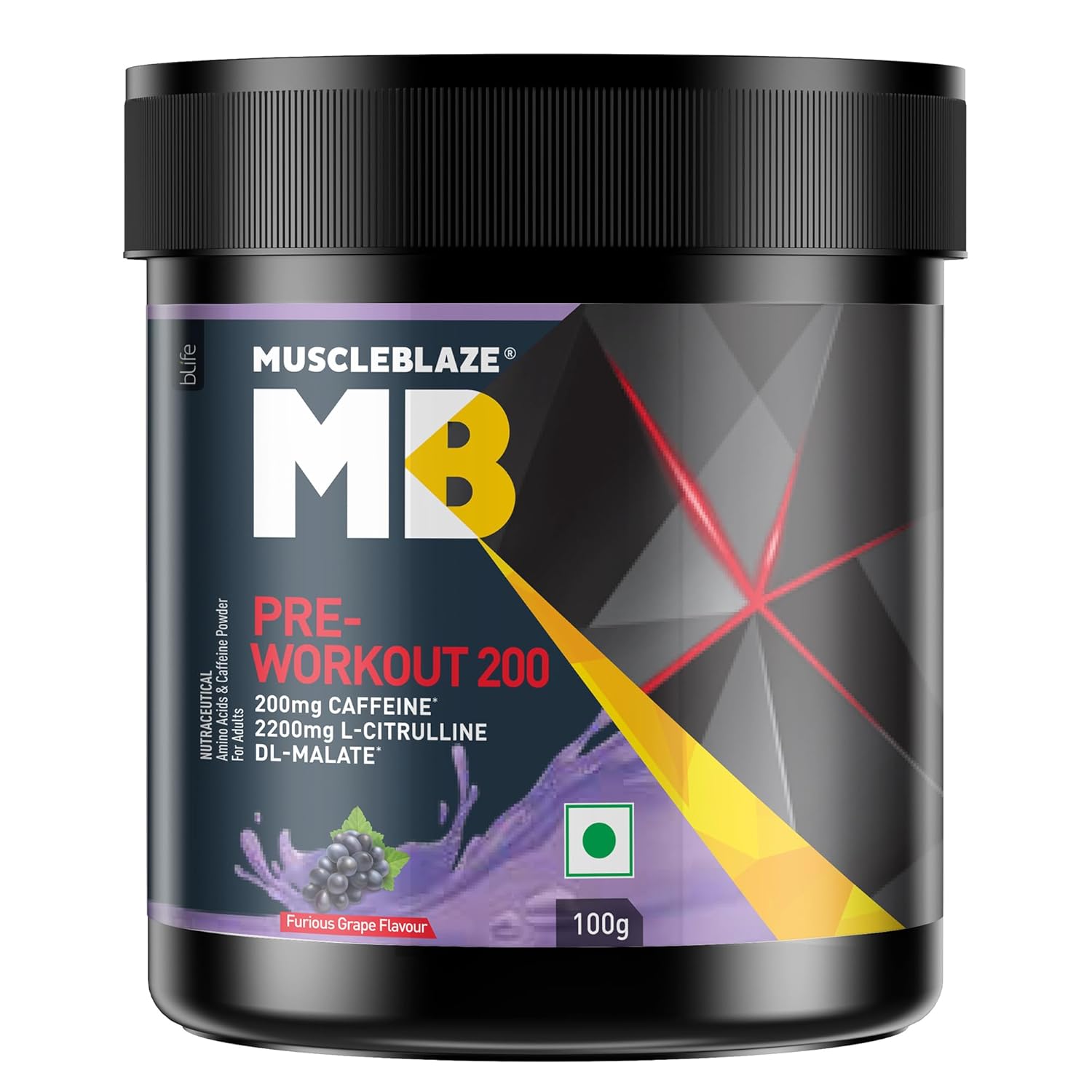 MuscleBlaze Pre Workout 200(Furious Grape,20 Servings,100 G)| 200 Mg Caffeine,2200 Mg Citrulline Powder,1 Count MuscleBlaze Pre Workout 200(Furious Grape,20 Servings,100 G)| 200 Mg Caffeine,2200 Mg Citrulline Powder,1 Count