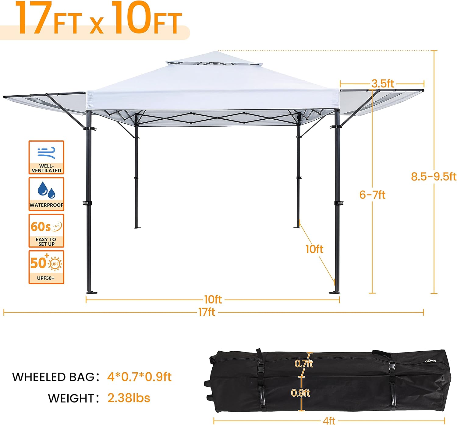 Yaheetech 10 x 17ft Pop Up Canopy with Awnings, 2-Tier Outdoor Canopy Tent, Heavy Duty Instant Shelter with Ventilation, Adjustable Dual Half Awnings & Wheeled Carry Bag, One-Handed Set Up, White