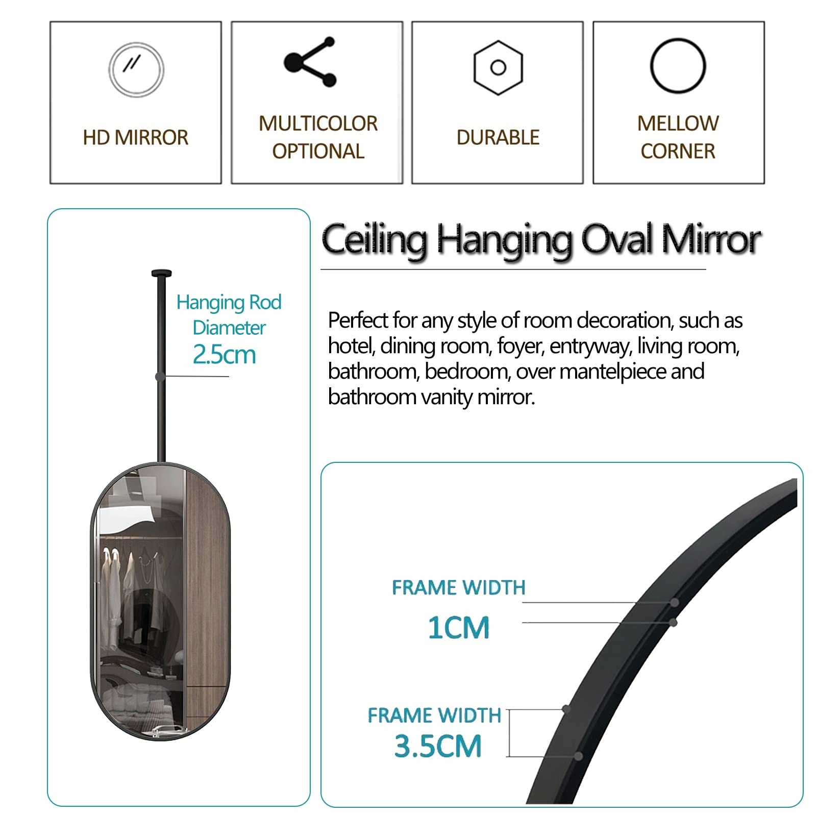 Specchio Decorativo Galleggiante da Appendere al Soffitto, Specchi da toeletta da Parete per Bagno con Cornice in Metallo Nero e Specchi da Barba per Trucco da Bagno con Boom - Ovale (Dimens