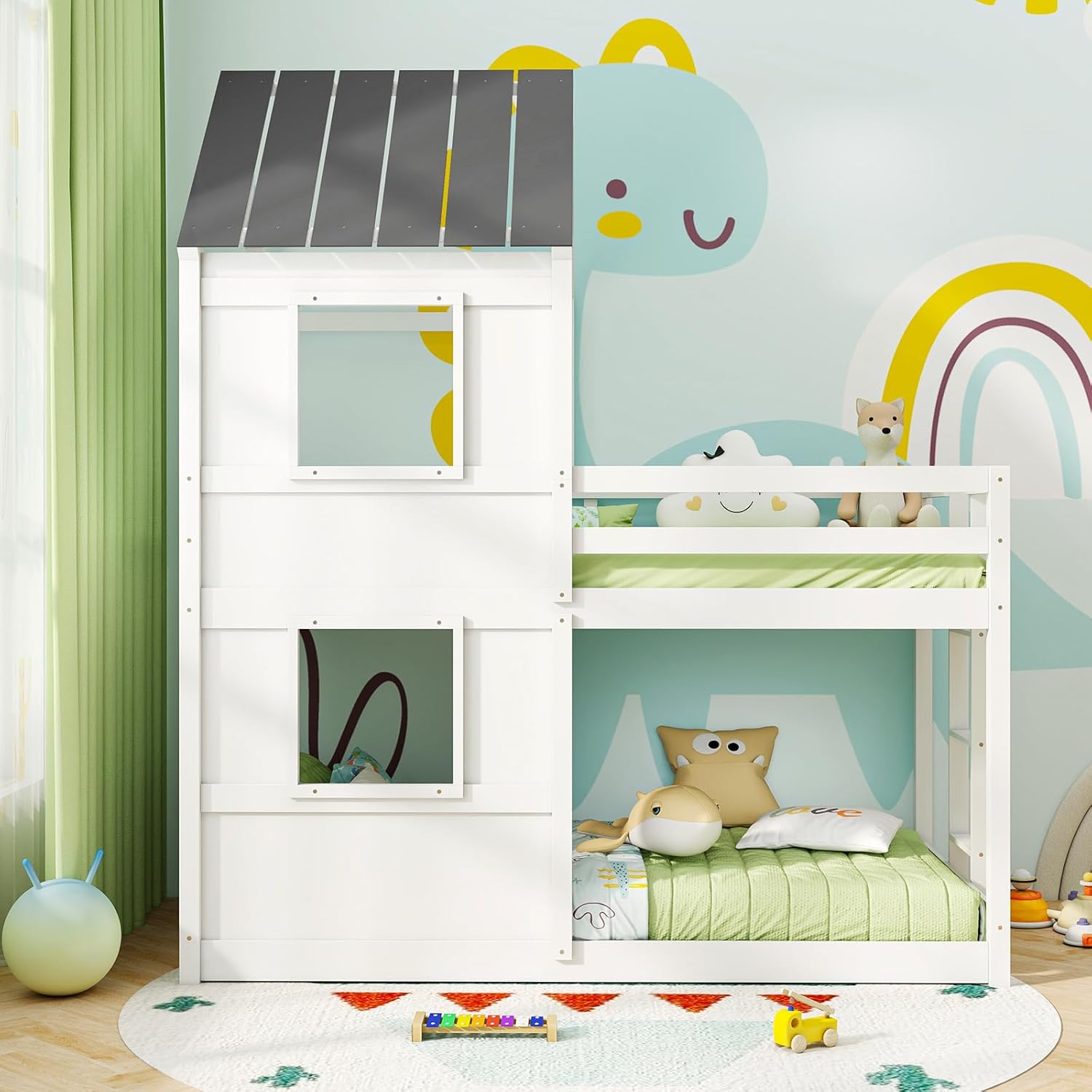 Giantex House Bunk Bed Twin Over Twin, Solid Wood Floor Bunk Bed with Built in Ladder, Window & Safety Guardrail, Wooden Kids Low Bunk Beds for Teens Boys & Girls, No Box Spring Needed, White