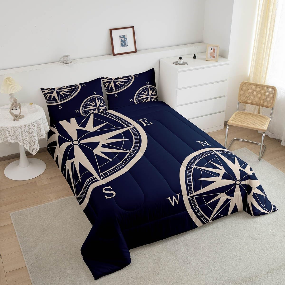 Castle Fairy Navy Blue Compass Comforter Set Queen Size 3 Pcs Sailing Nautical Theme Simple Style Bedding Set for Kids Teens Adults Retro Geometric Circles Plaid Quilted Comforter with 2 Pillowcases