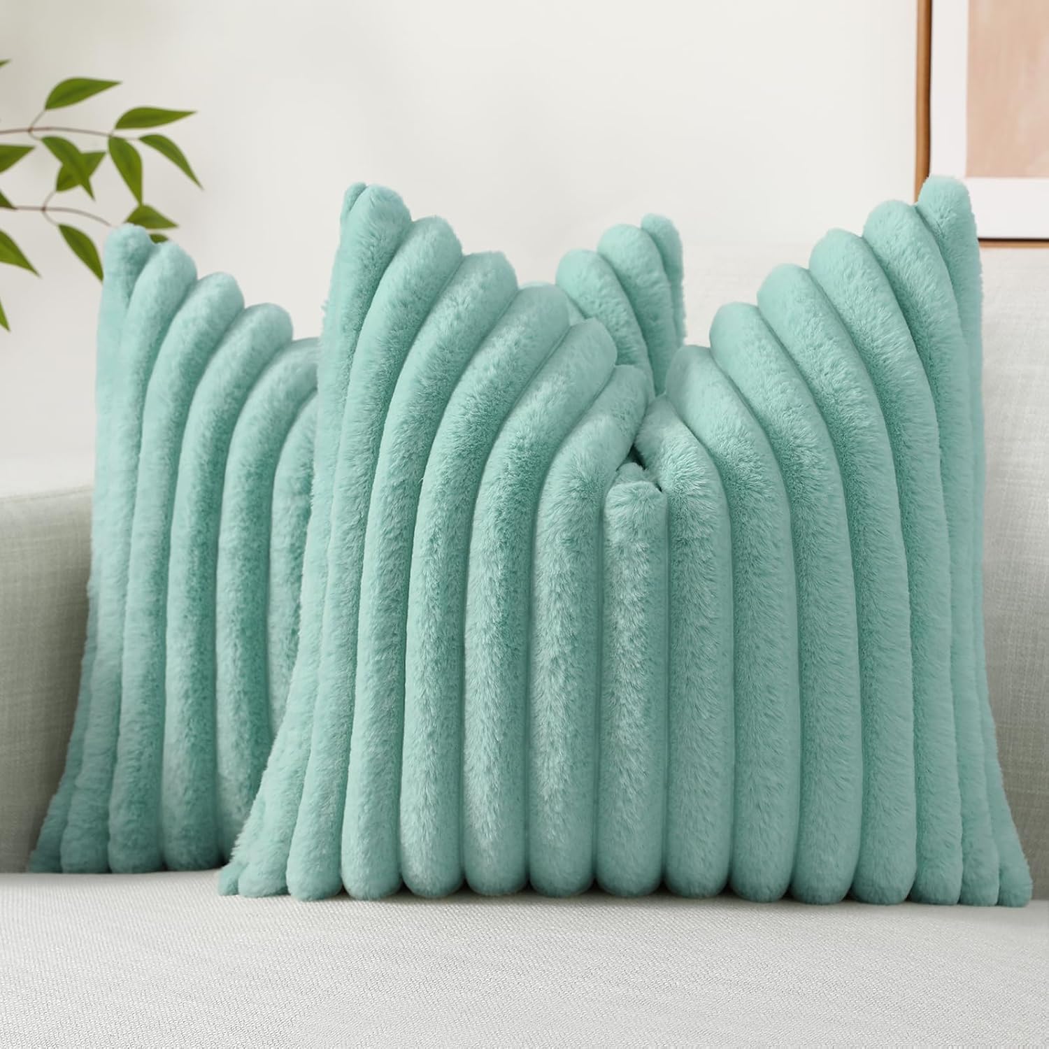 decorUhome Faux Fur Cushion Covers 60x60 cm Set of 2, Decorative Soft Plush Striped Neutral Pillow case 24X24 Inch with Velvet Back for Sofa, Bed, Living Room Home Decor, Aqua